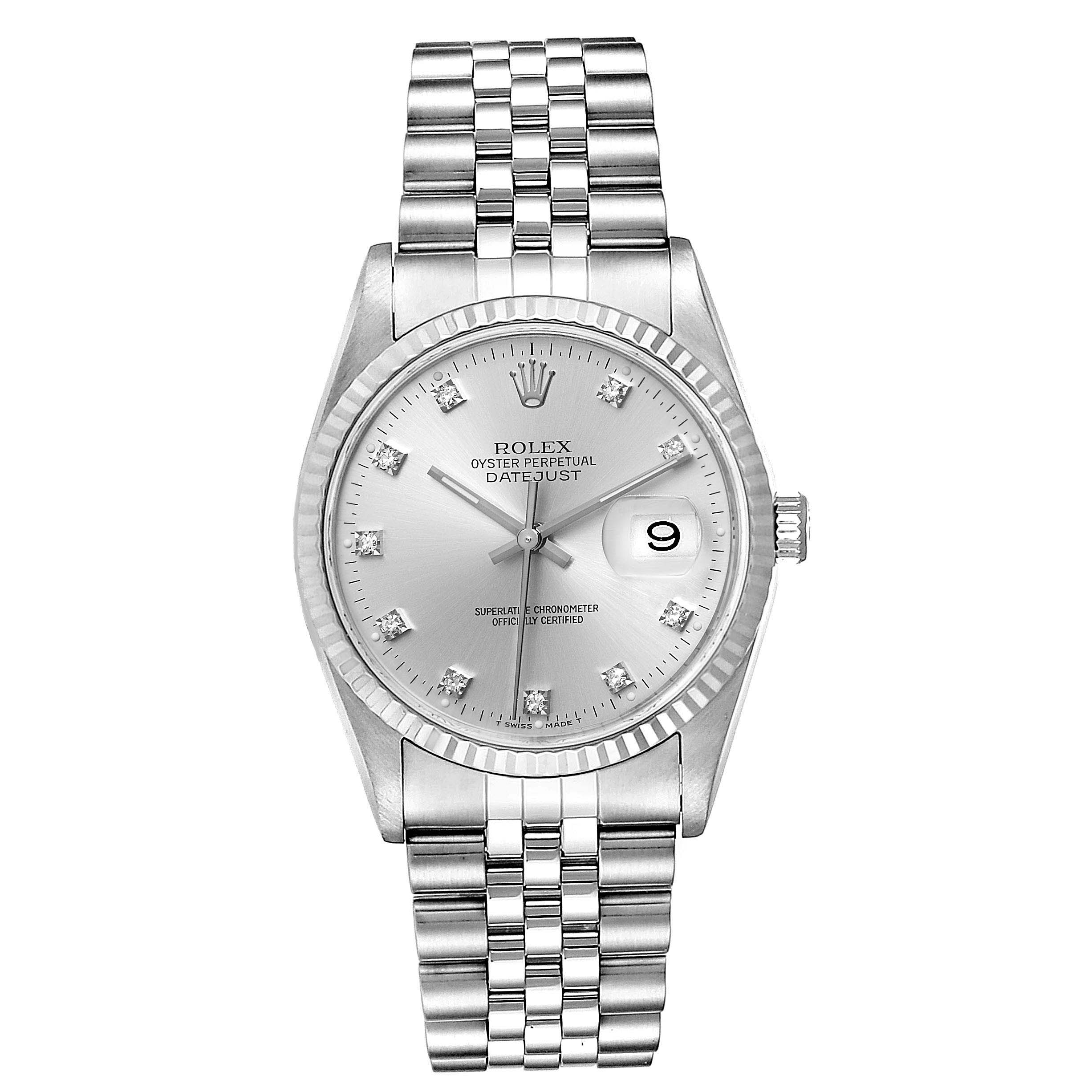 The Rolex Datejust 16234 Men's Stainless Steel Silver Dial 16234 Men's Stainless Steel Silver Dial watch is shown from a front angle, featuring its dial, bezel, crown, and bracelet.