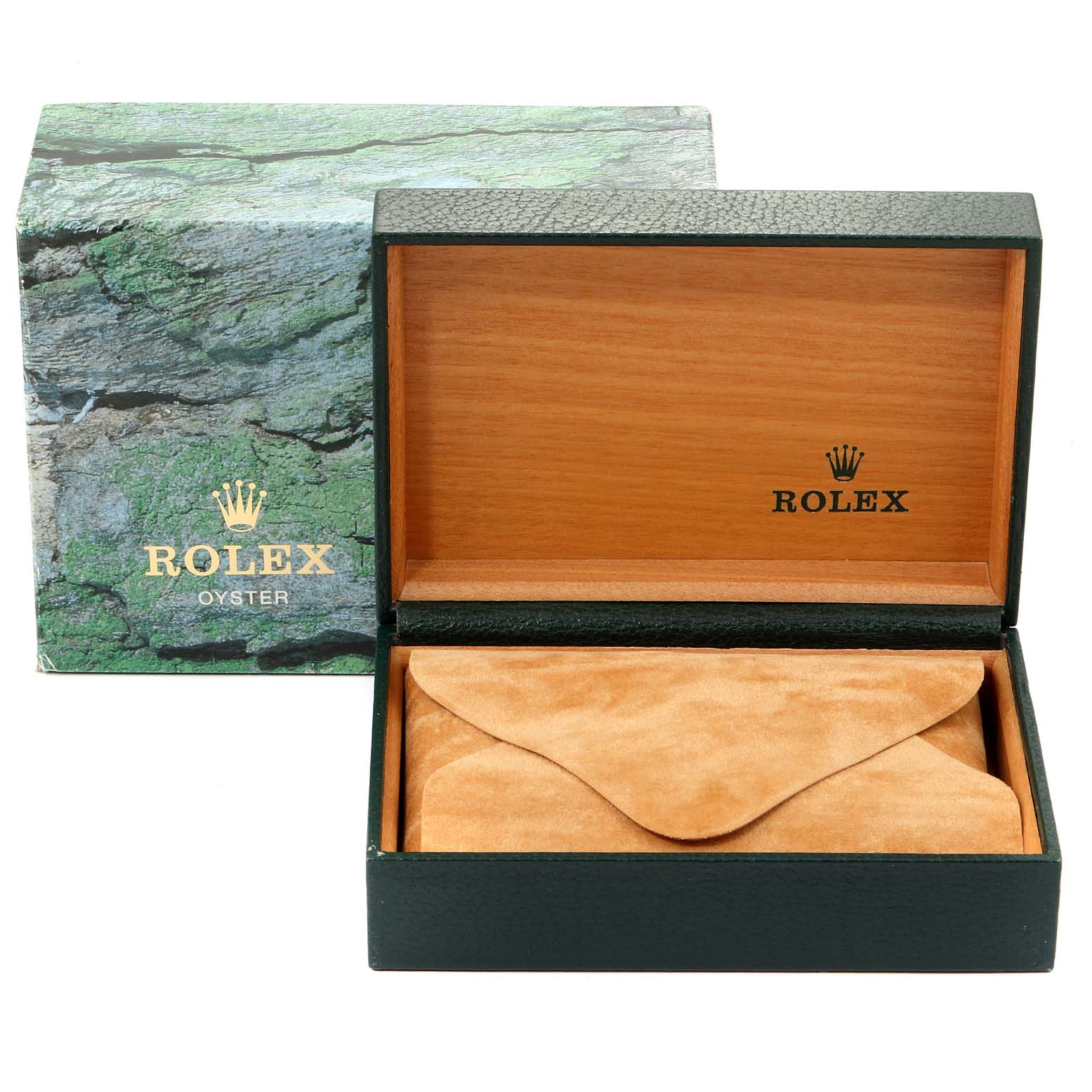 This image shows the packaging and box for a Rolex Datejust 16234 Men's Stainless Steel Silver Dial 16234 Men's Stainless Steel Silver Dial watch, featuring the Rolex logo.