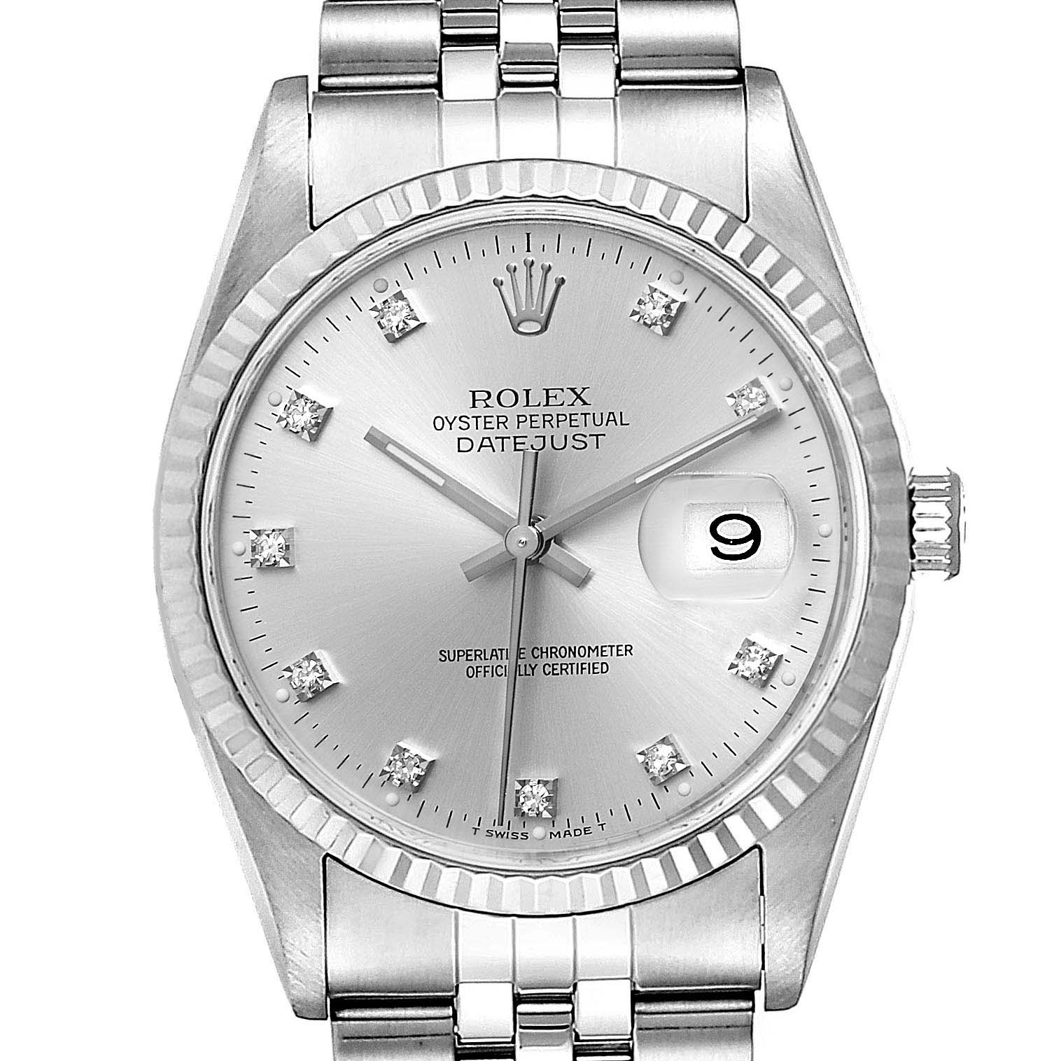 The image shows a front view of a Rolex Datejust 16234 Men's Stainless Steel Silver Dial 16234 Men's Stainless Steel Silver Dial, highlighting its dial with diamond hour markers, bezel, and part of the bracelet.