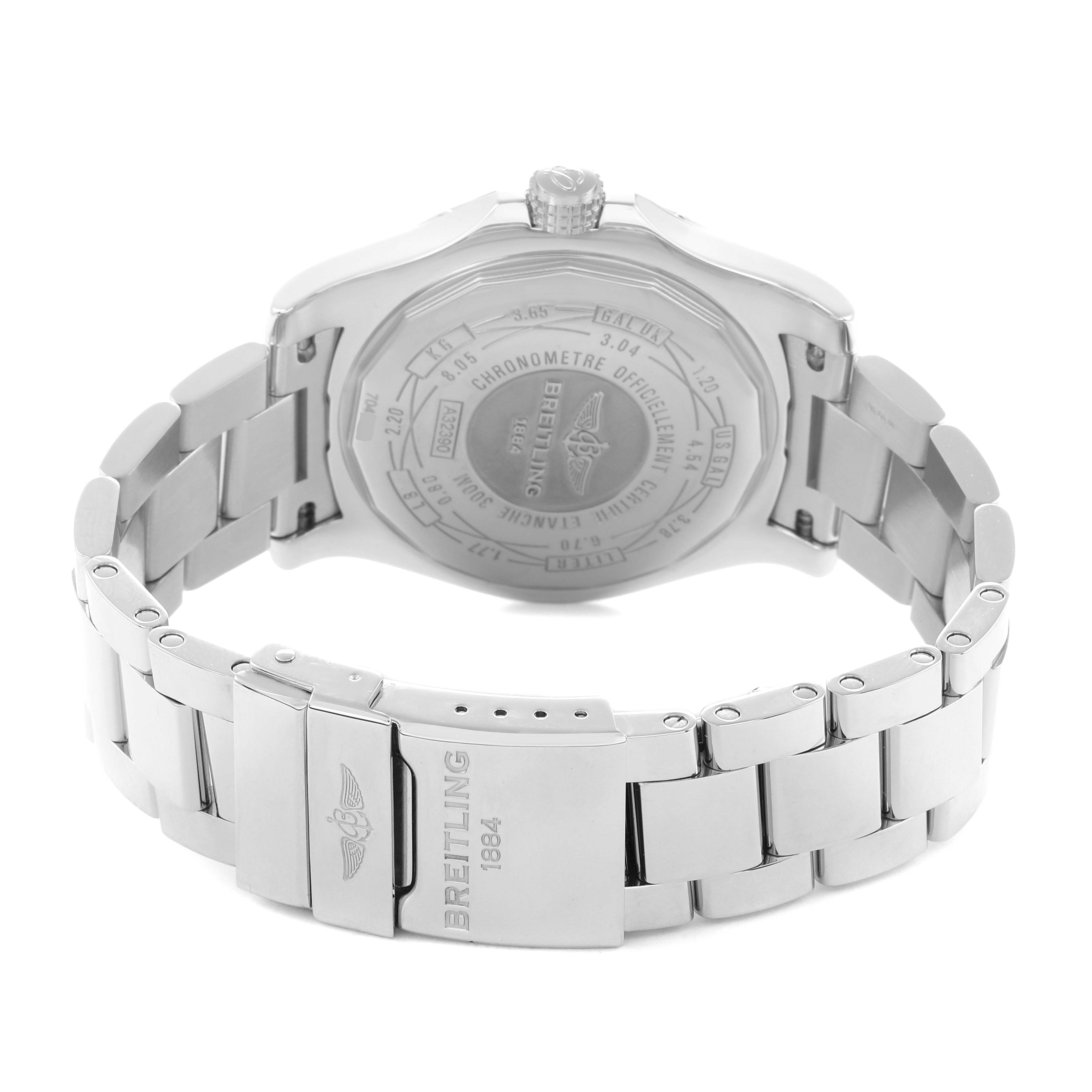 The image shows the rear view of the Breitling Avenger A3239011/BC35 Men
s Stainless Steel Black Dial watch, highlighting the back case, bracelet, and clasp with the logo.