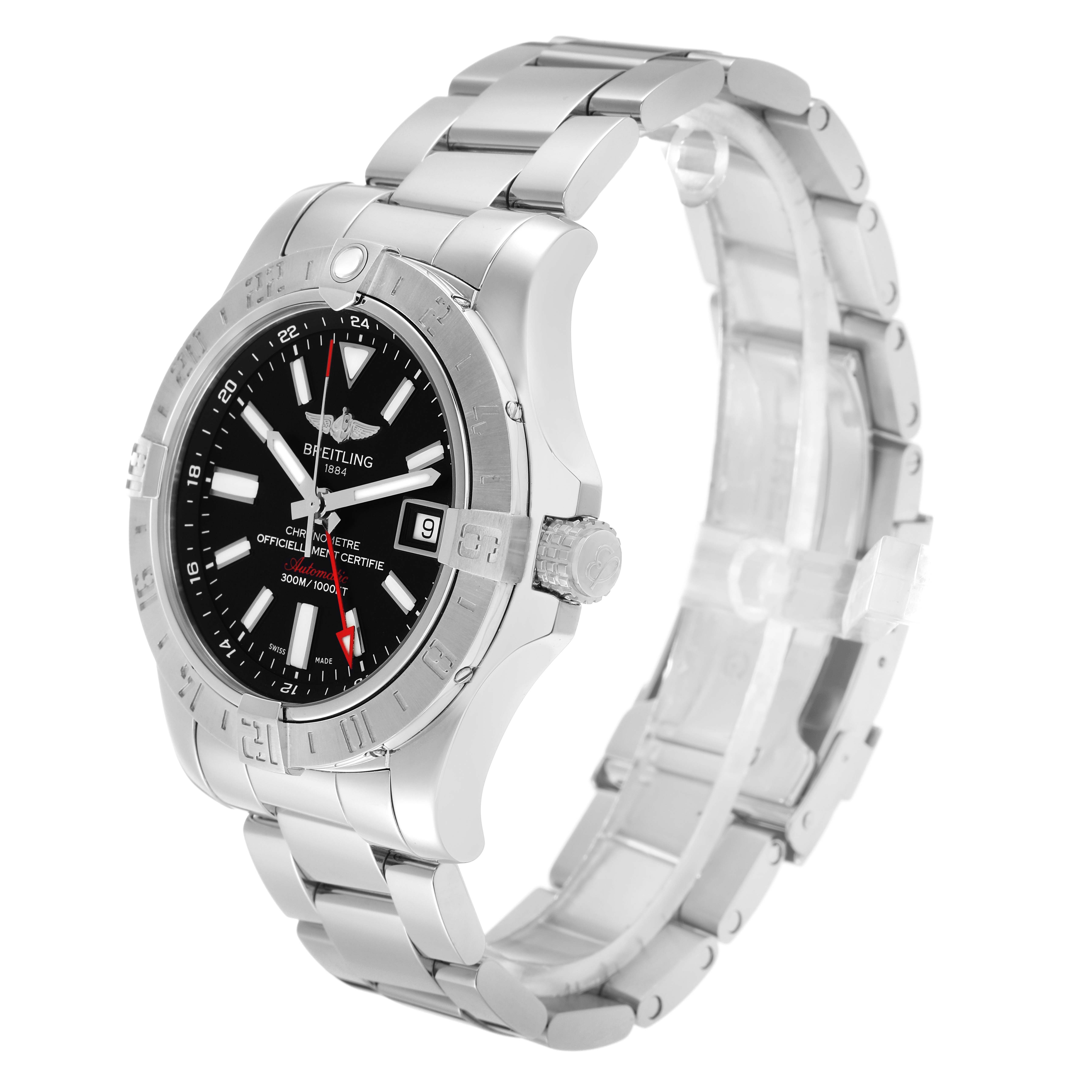 The Breitling Avenger A3239011/BC35 Men
s Stainless Steel Black Dial watch is shown at an angled side view, displaying the dial, bezel, and bracelet.