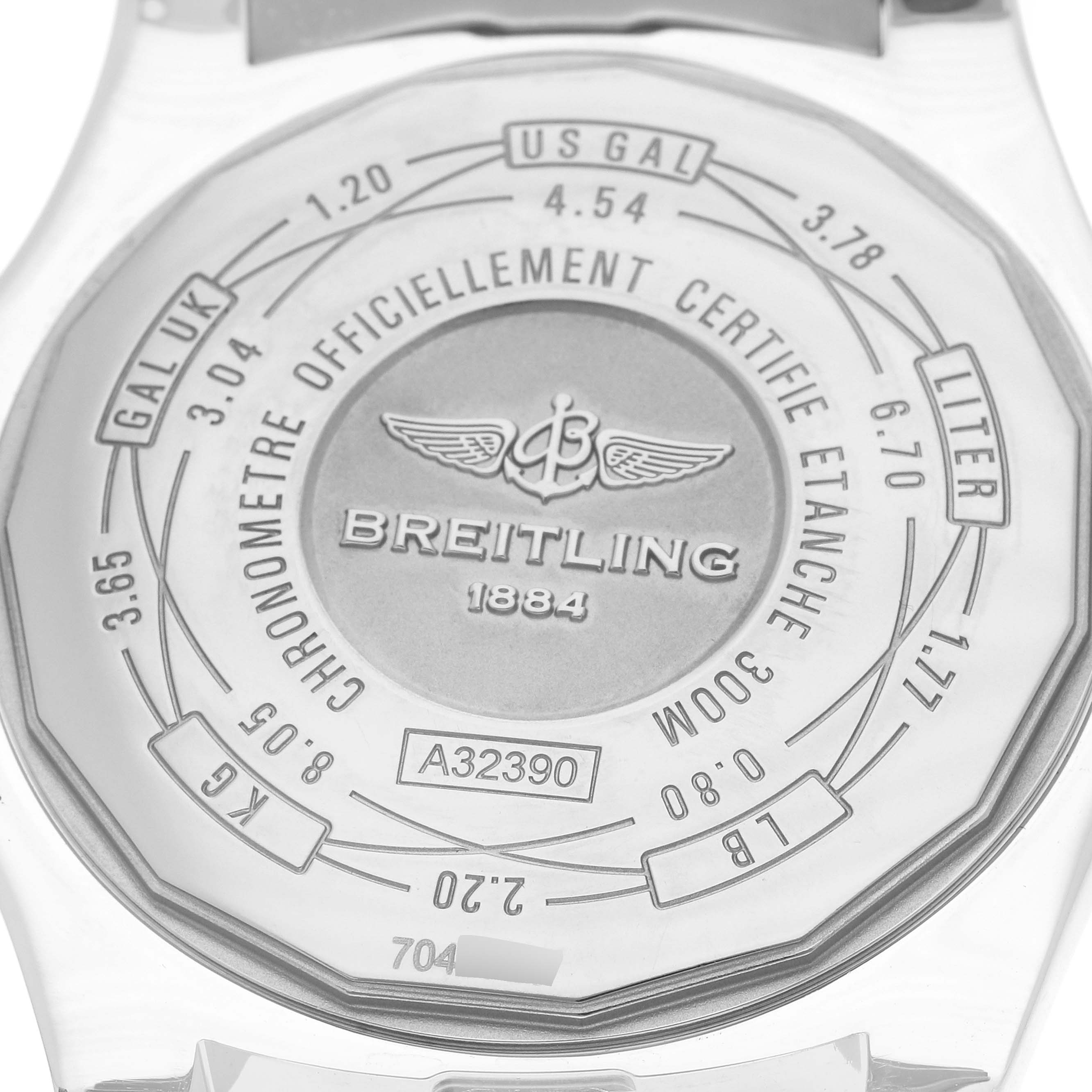 The image shows the case back of a Breitling Avenger A3239011/BC35 Men
s Stainless Steel Black Dial watch, featuring inscriptions and branding details.