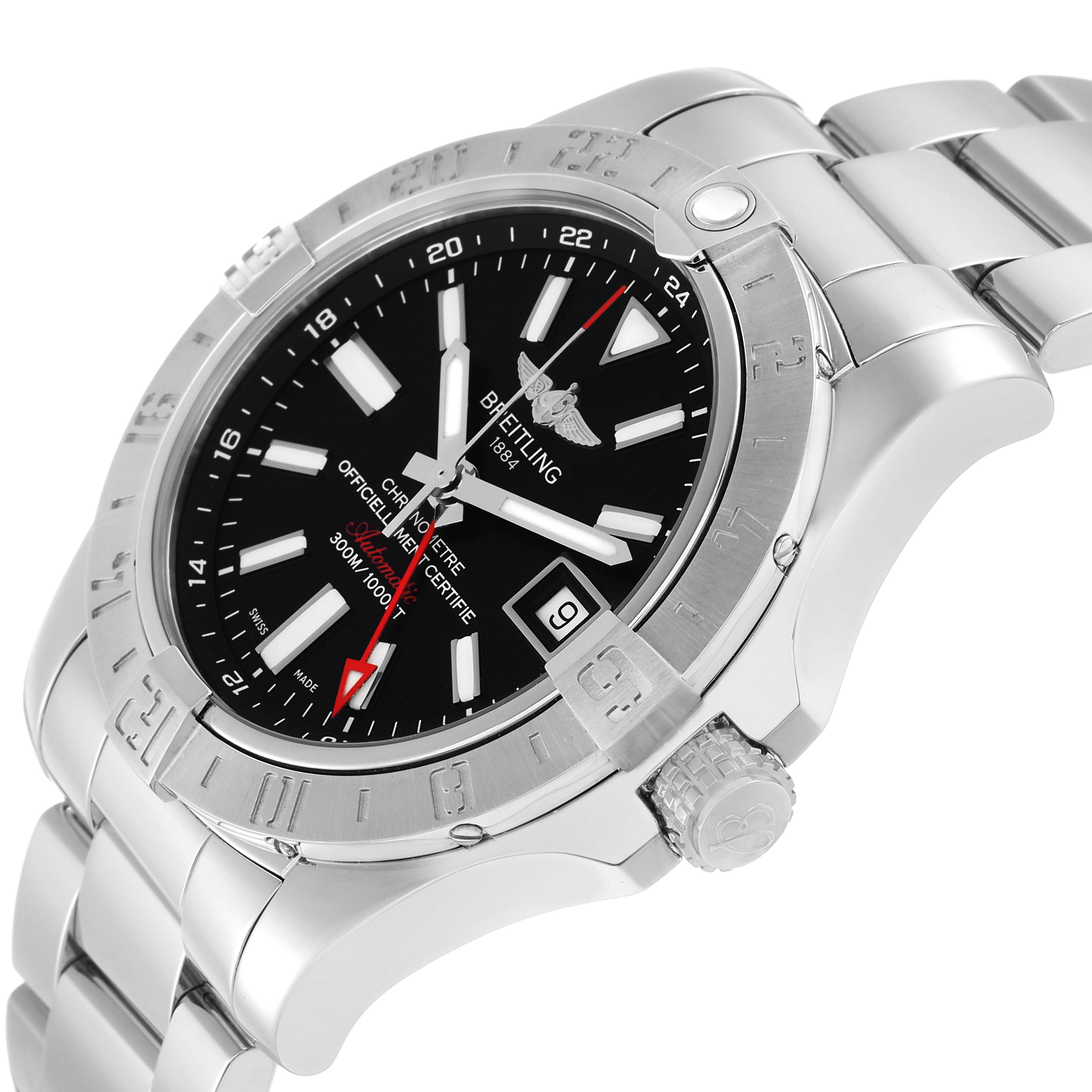 The Breitling Avenger A3239011/BC35 Men
s Stainless Steel Black Dial watch is shown at an angled side view, highlighting the bezel, dial, bracelet, and crown.