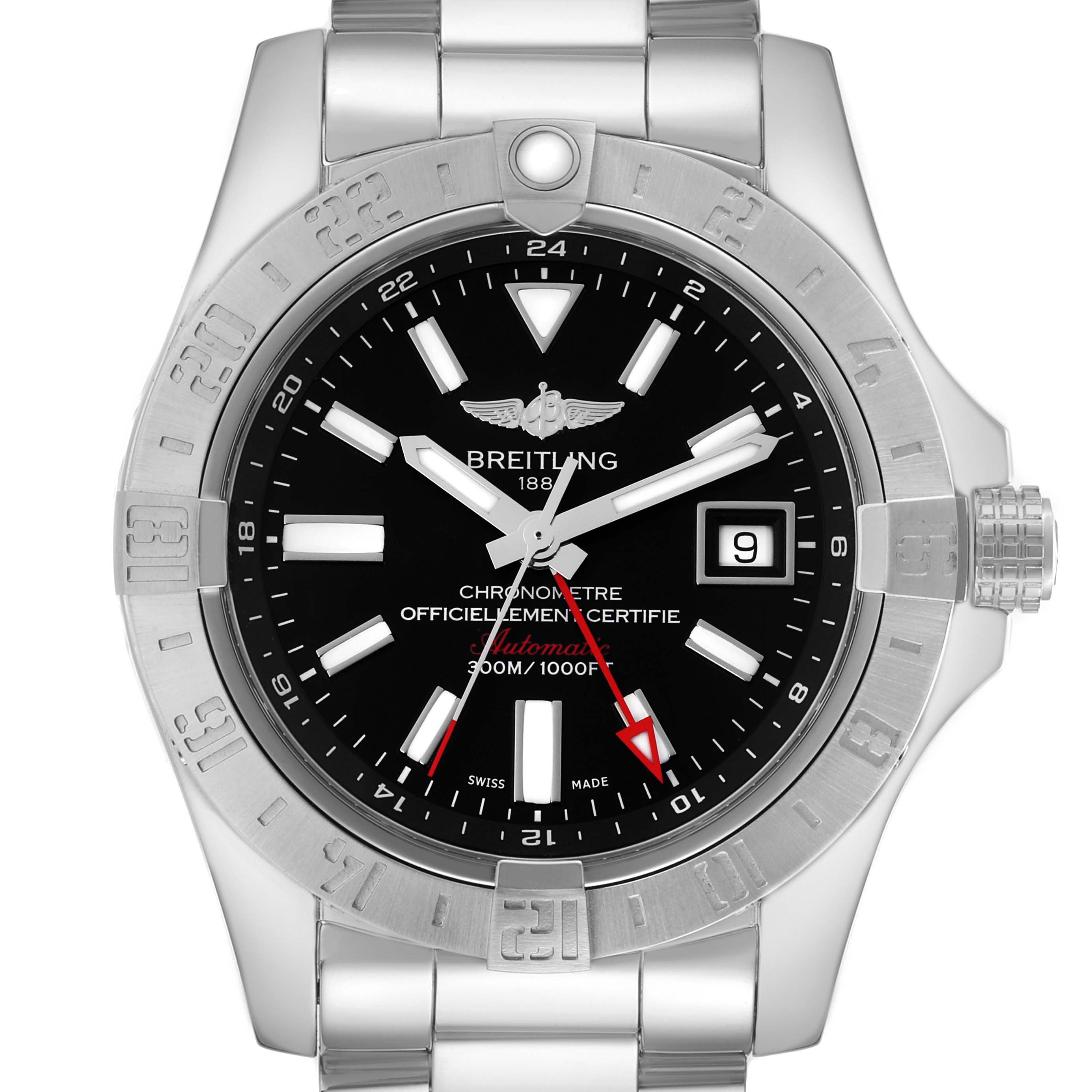 The Breitling Avenger A3239011/BC35 Men
s Stainless Steel Black Dial watch is shown from the front, highlighting the dial, bezel, crown, and bracelet.