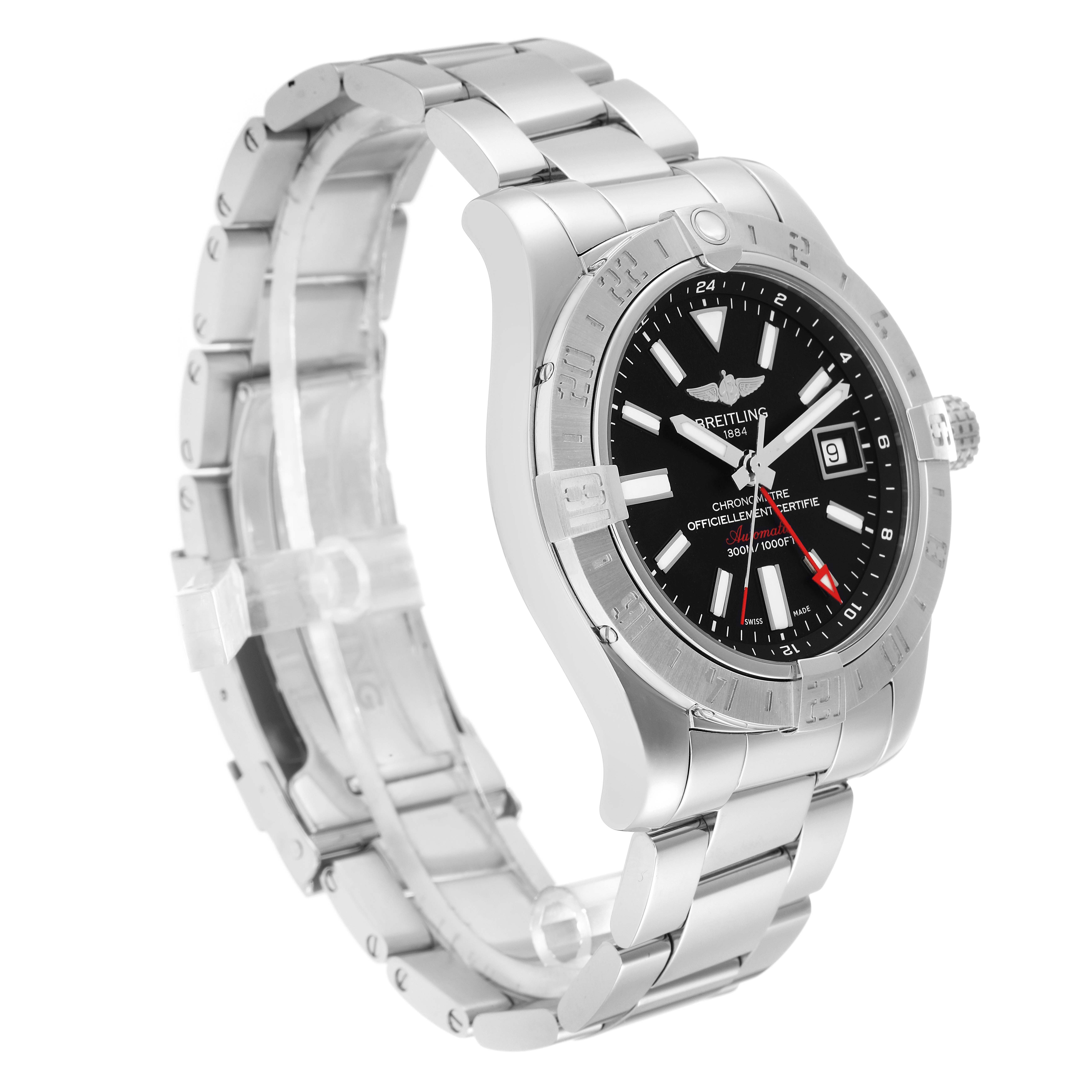 The Breitling Avenger A3239011/BC35 Men
s Stainless Steel Black Dial watch is shown at a three-quarter angle, displaying the face, bezel, and metal bracelet.