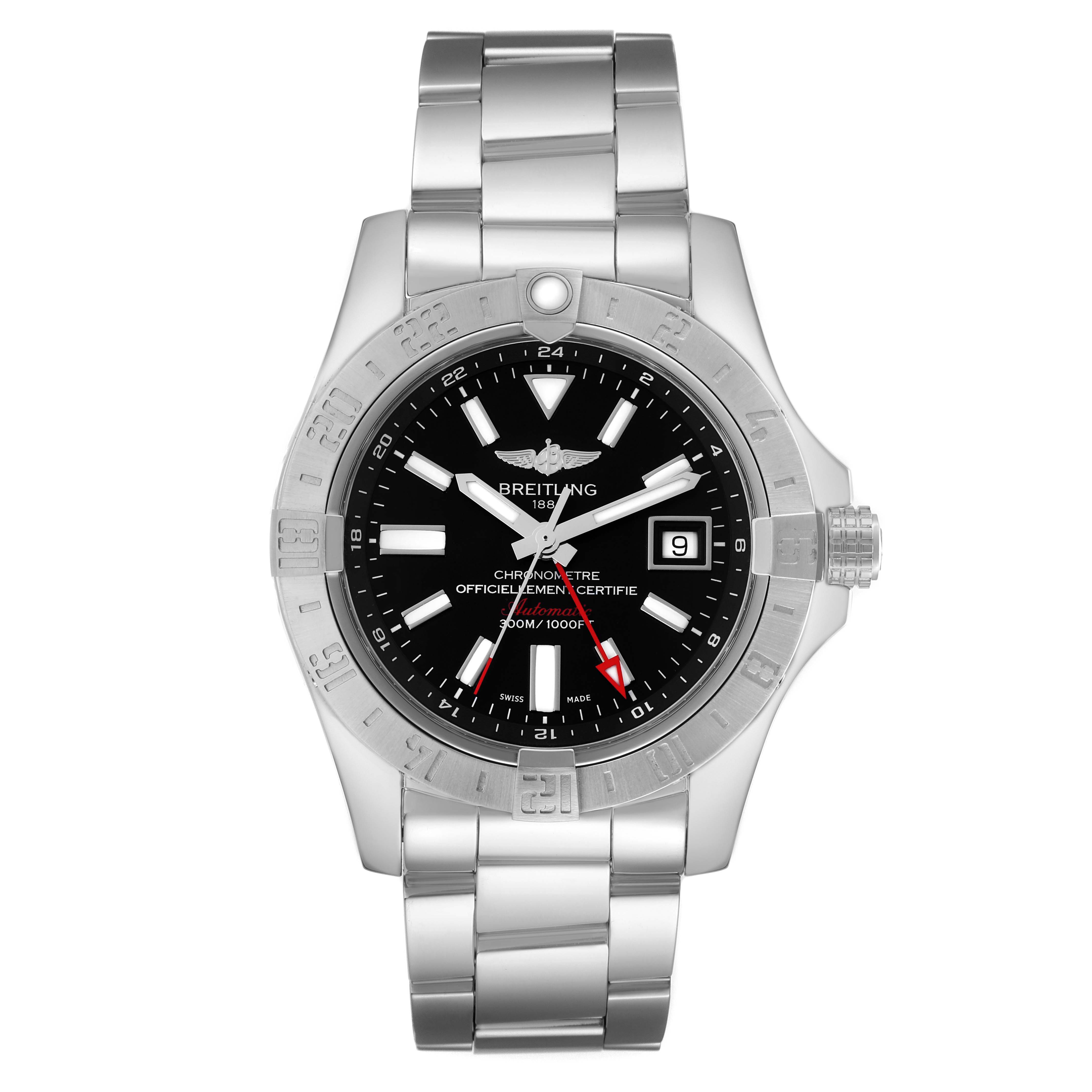 The Breitling Avenger A3239011/BC35 Men
s Stainless Steel Black Dial watch is shown from a front angle, displaying its face, bezel, bracelet, and crown.