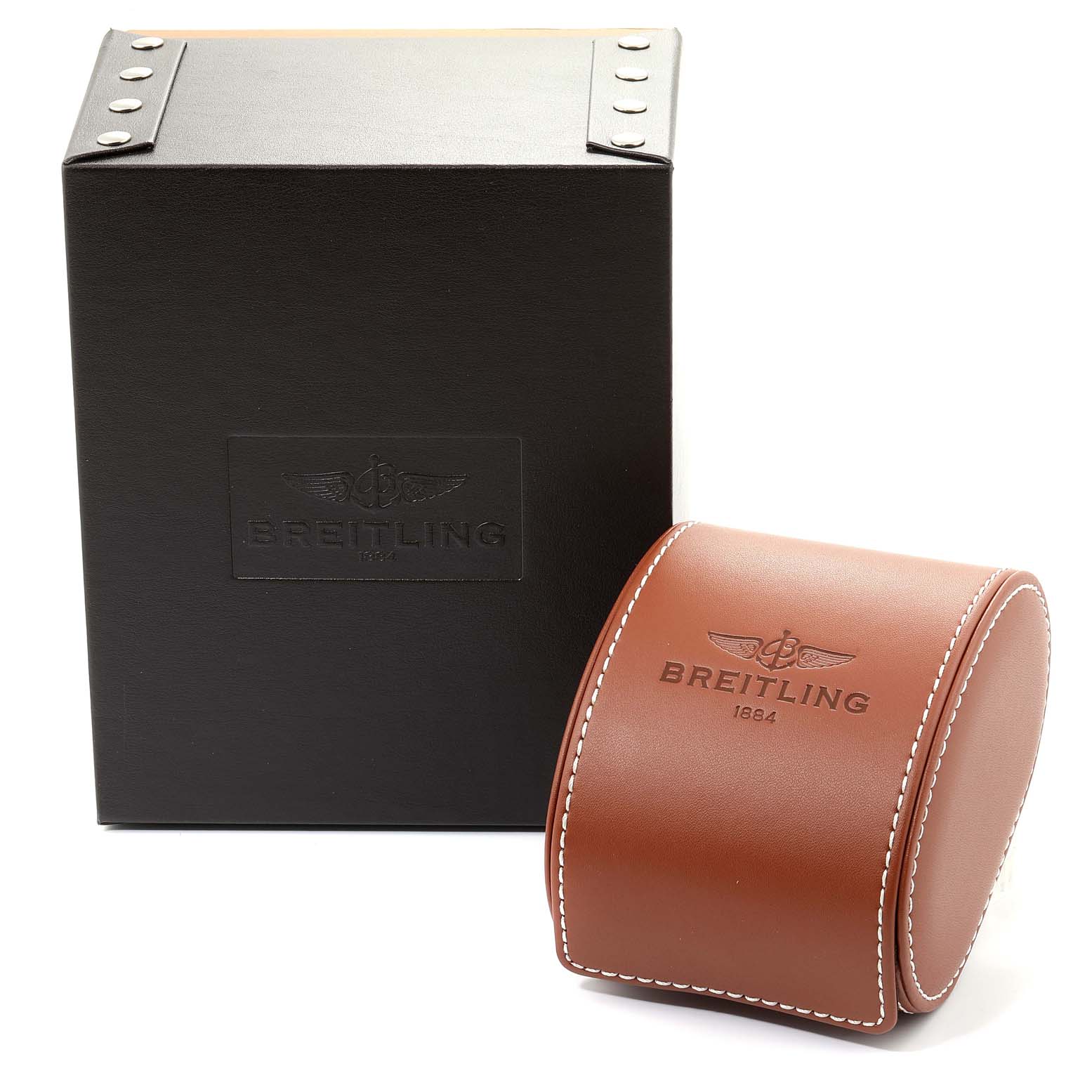 The image shows the packaging box and a brown leather travel case for a Breitling Avenger A13381 Men's Stainless Steel White Dial A13381 Men's Stainless Steel White Dial watch.
