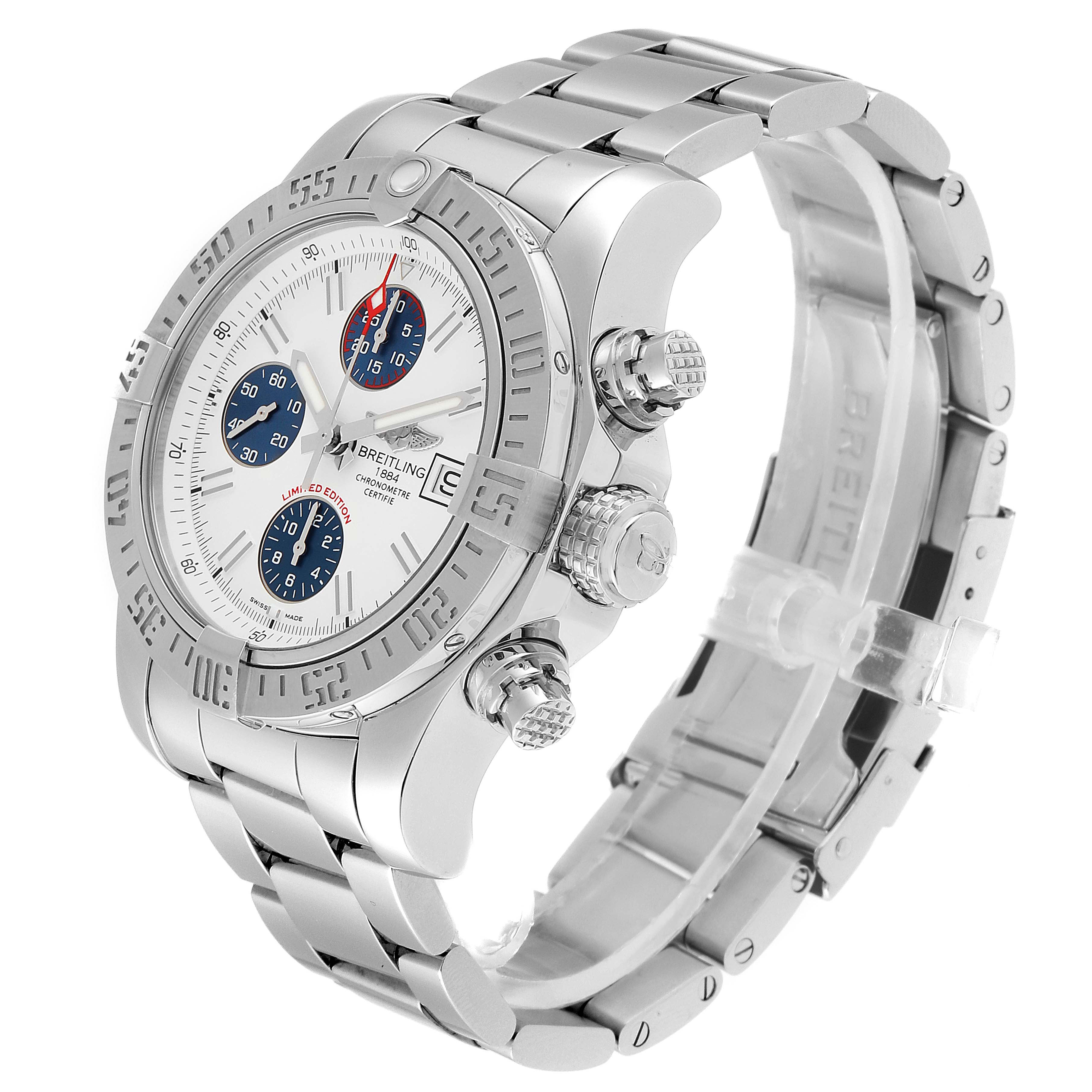 The Breitling Avenger A13381 Men's Stainless Steel White Dial A13381 Men's Stainless Steel White Dial watch is shown at a three-quarter angle highlighting the dial, bracelet, bezel, and crown.