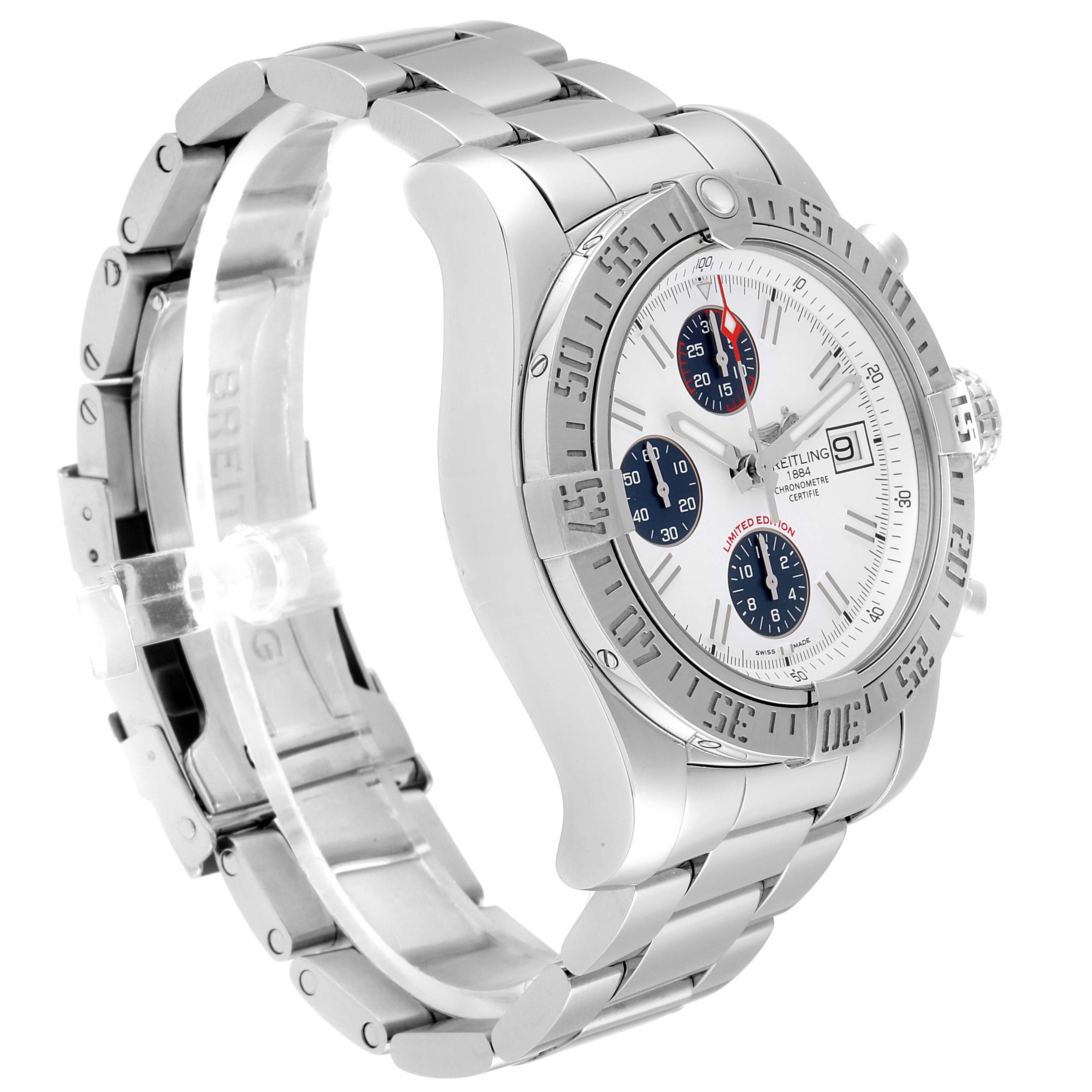 The image shows a Breitling Avenger A13381 Men's Stainless Steel White Dial A13381 Men's Stainless Steel White Dial watch at a 45-degree angle, displaying the bracelet, bezel, and watch face.