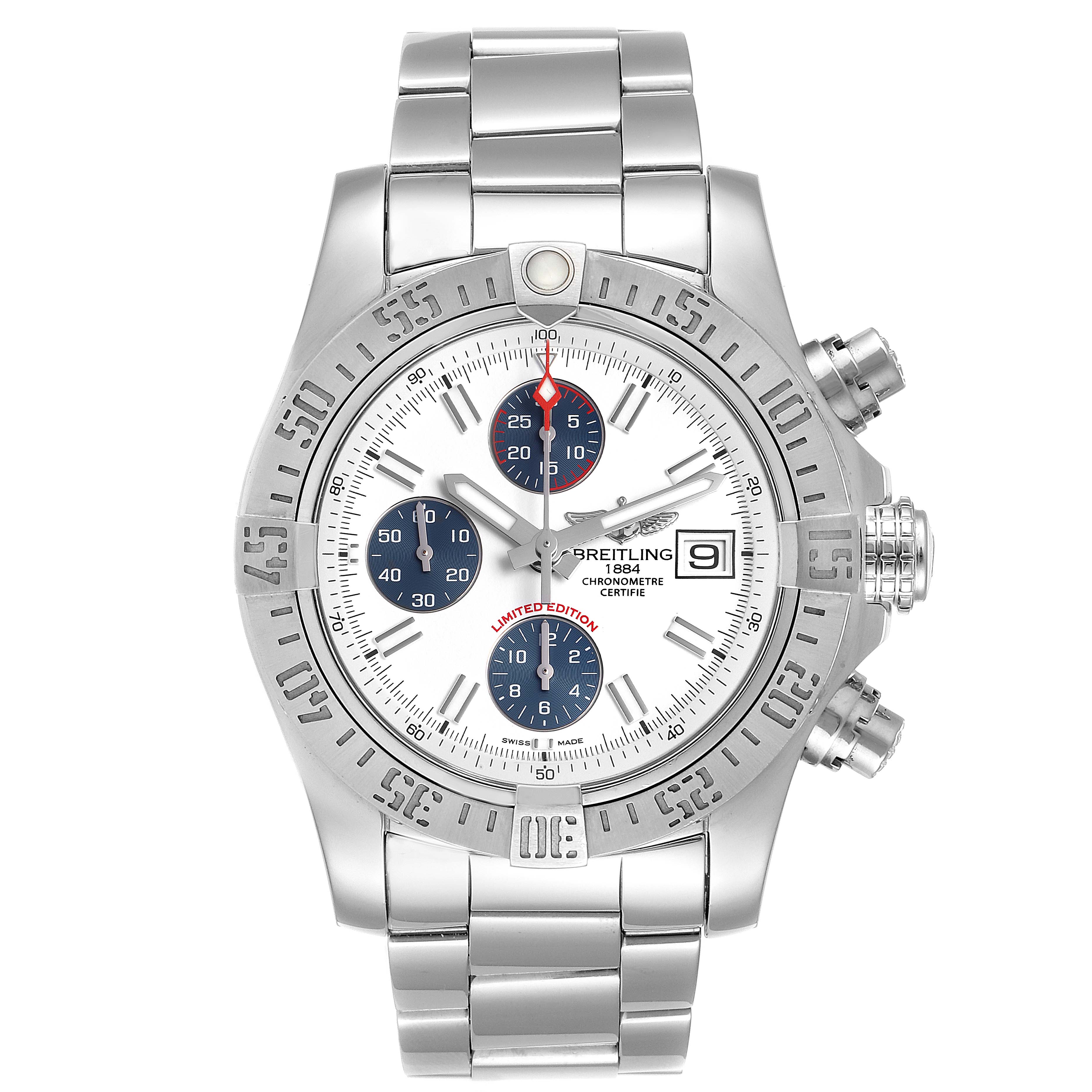 The Breitling Avenger A13381 Men's Stainless Steel White Dial A13381 Men's Stainless Steel White Dial watch is shown from a front view, displaying the dial, chronograph sub-dials, date window, bezel, and bracelet.