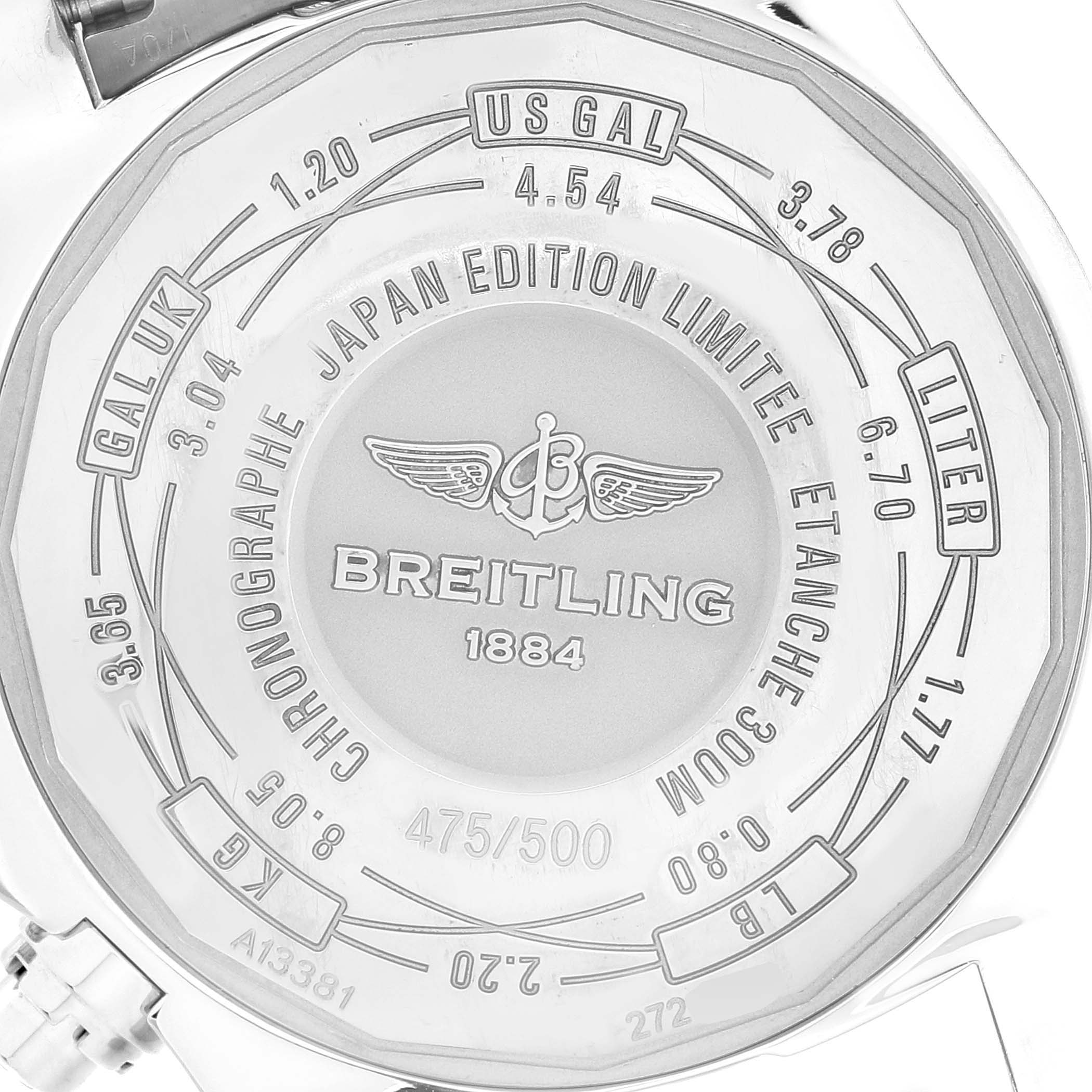 This image shows the back casing of a Breitling Avenger A13381 Men's Stainless Steel White Dial A13381 Men's Stainless Steel White Dial watch, highlighting the "Japan Edition Limitee" engraving and unit conversions.
