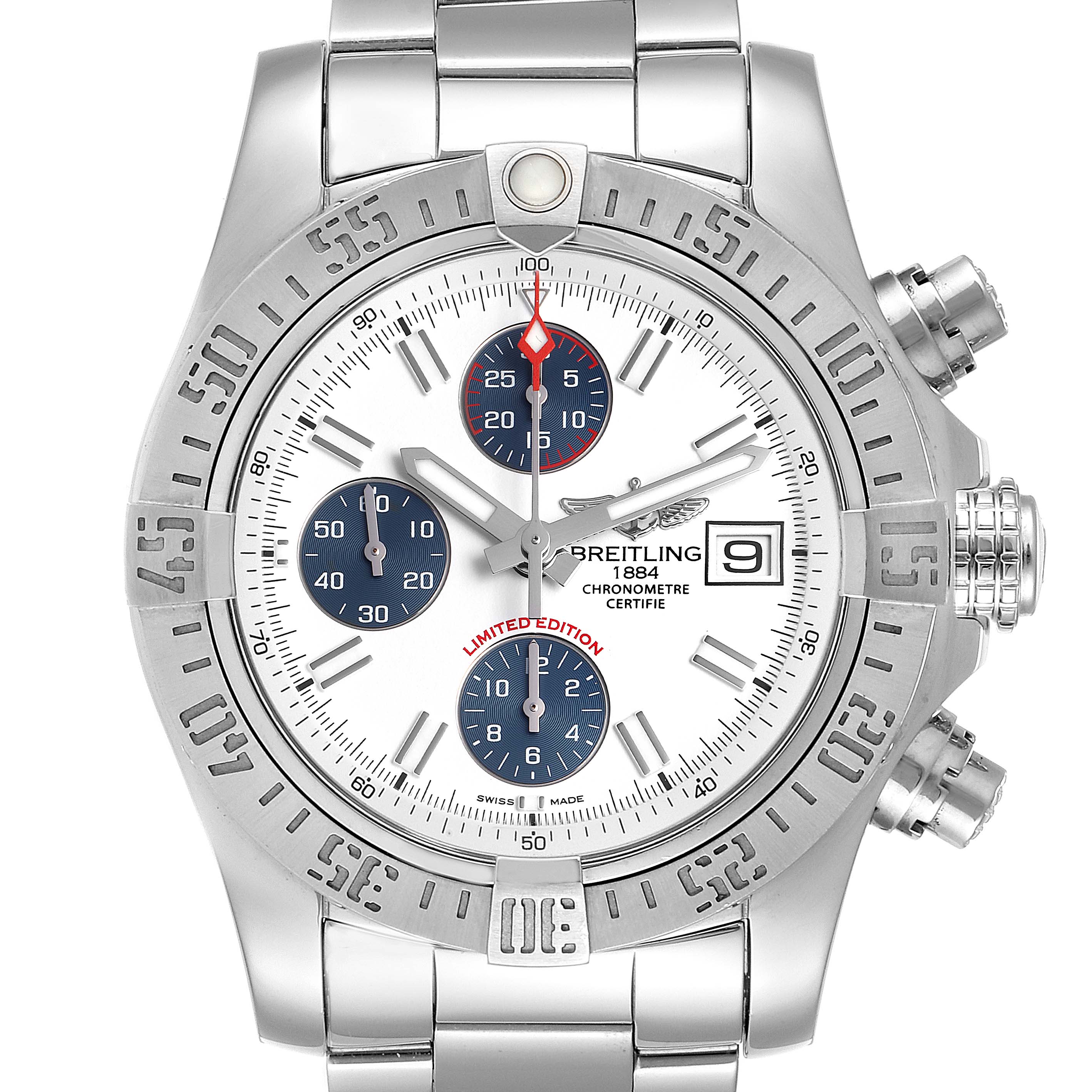This is a front view of the Breitling Avenger A13381 Men's Stainless Steel White Dial A13381 Men's Stainless Steel White Dial watch, showcasing its dial, bezel, and bracelet.