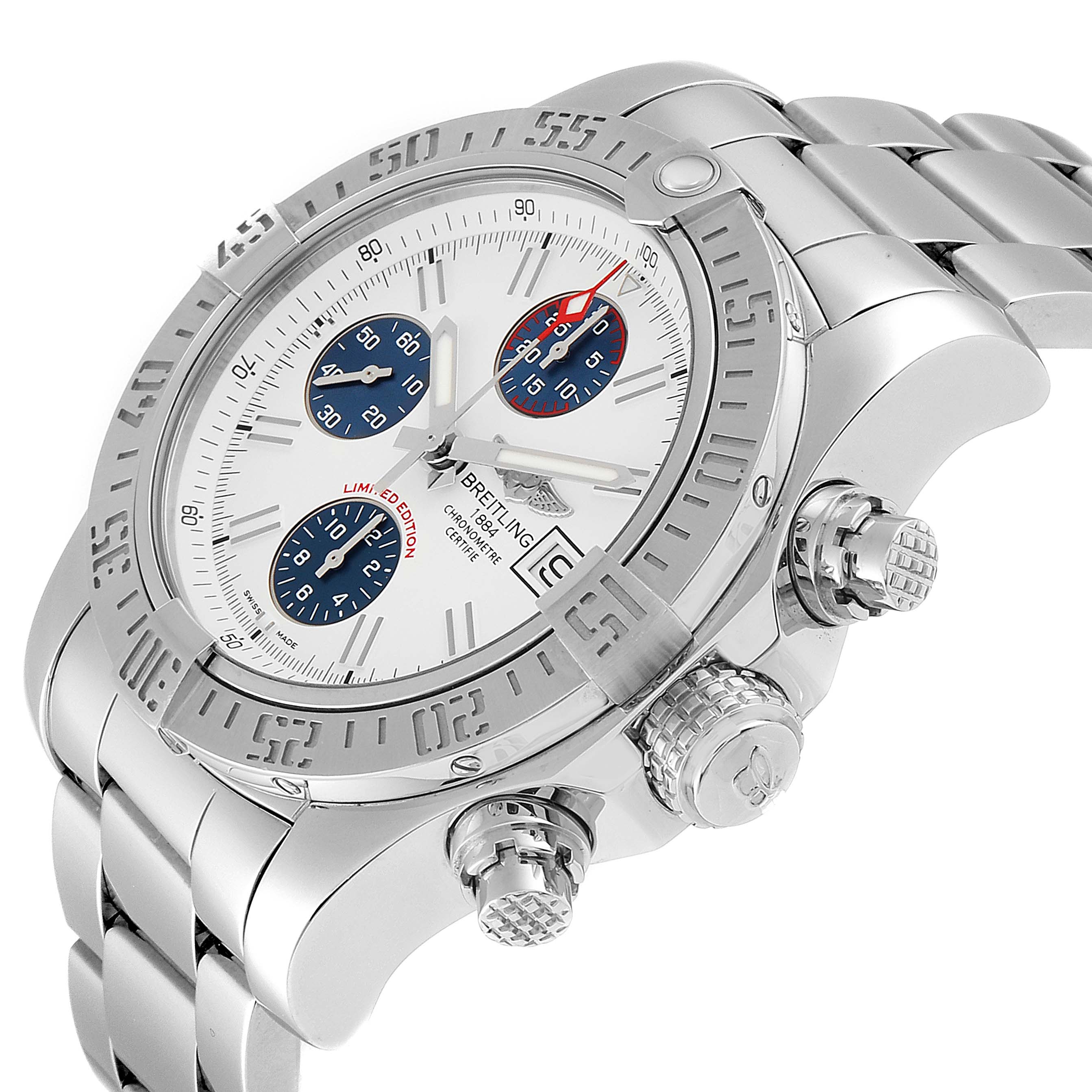 The Breitling Avenger A13381 Men's Stainless Steel White Dial A13381 Men's Stainless Steel White Dial watch is shown at a slight side angle, highlighting its face, bezel, crown, pushers, and metal bracelet.