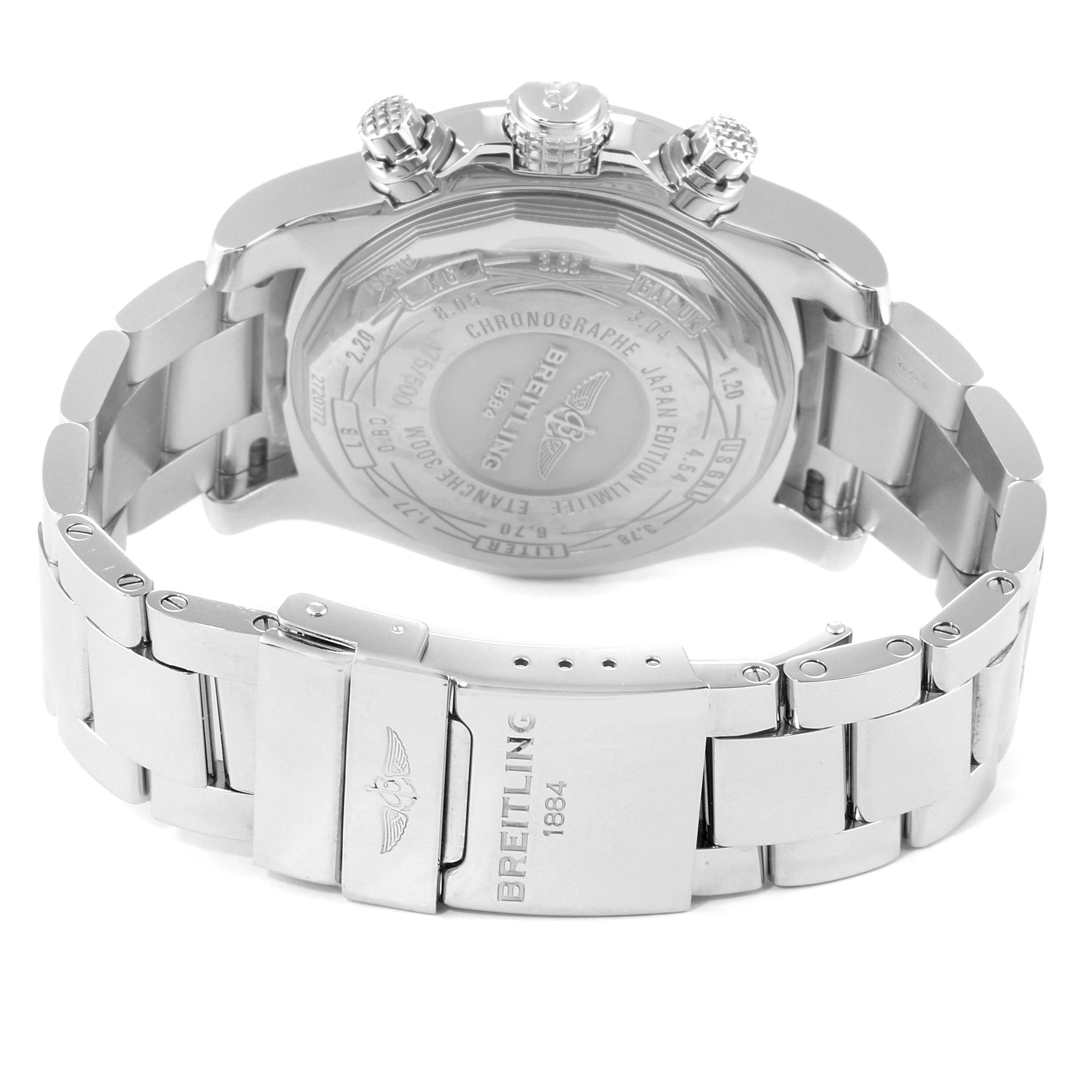 The image shows the back view of the Breitling Avenger A13381 Men's Stainless Steel White Dial A13381 Men's Stainless Steel White Dial watch, highlighting the case back, crown, and bracelet with clasp.