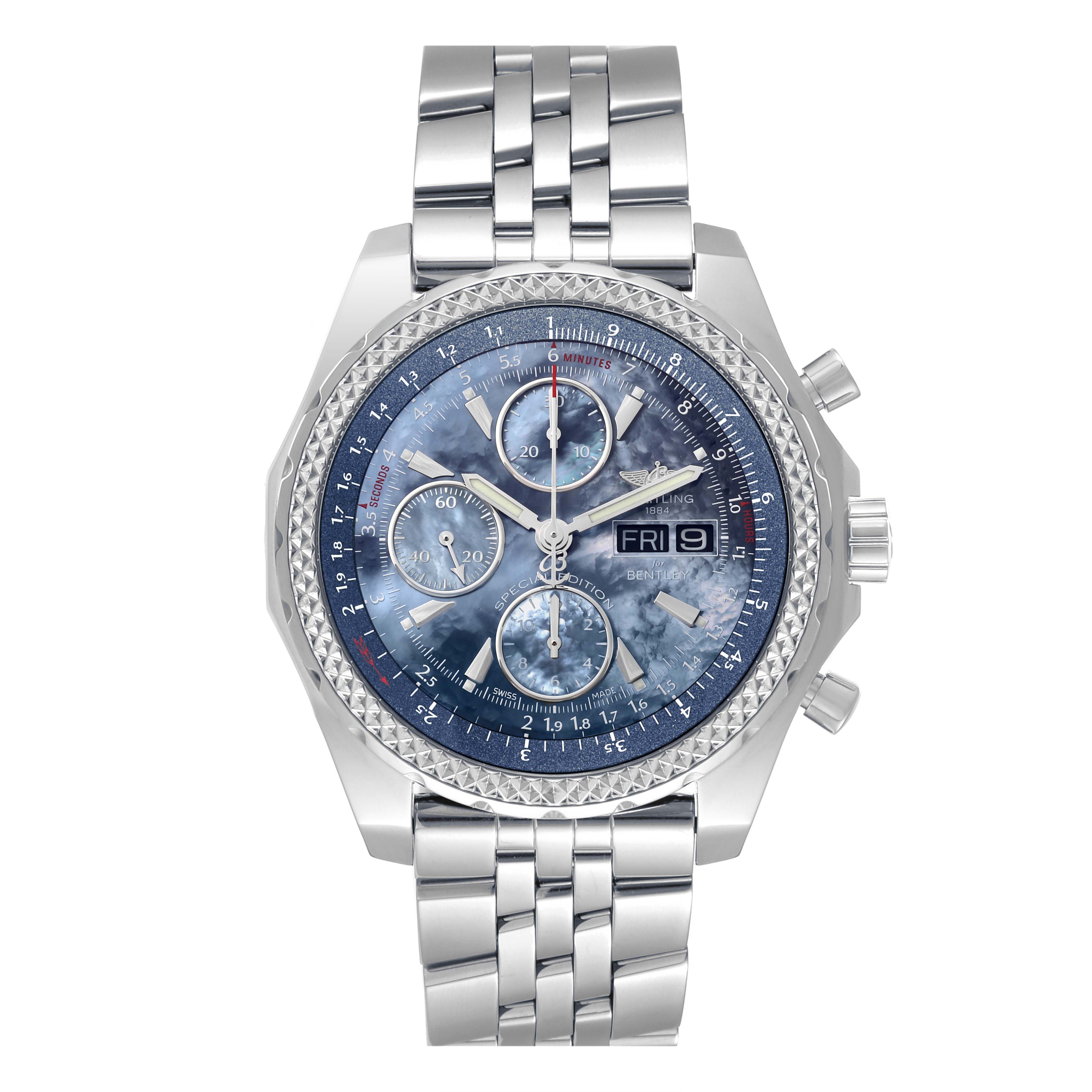 The image shows a frontal view of the face and band of the Breitling Bentley A13362 Men's Stainless Steel Mother of Pearl Dial A13362 Men's Stainless Steel Mother of Pearl Dial model watch.