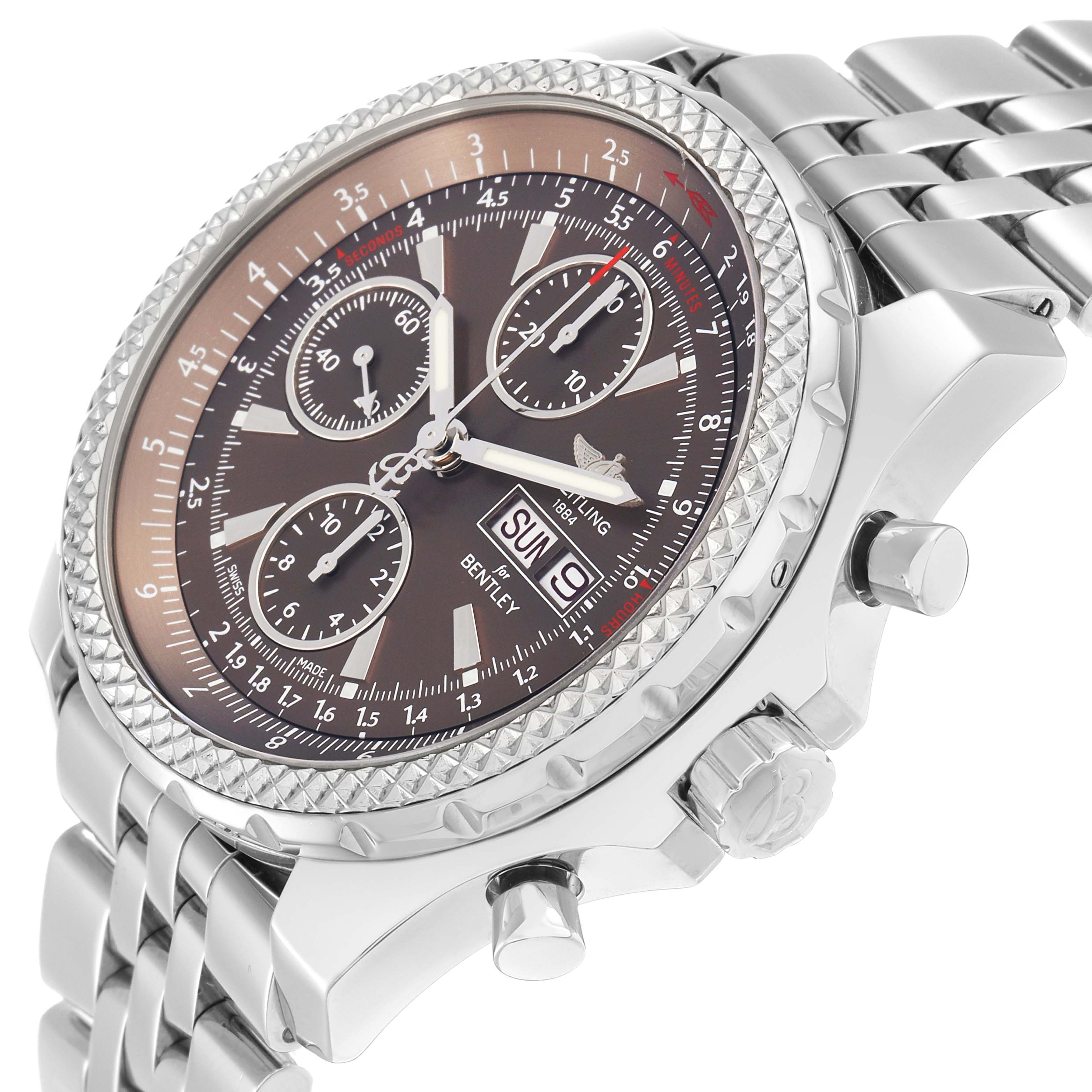 The Bentley model by Breitling is shown at a three-quarter angle, displaying the dial, crown, bezel, and part of the bracelet.