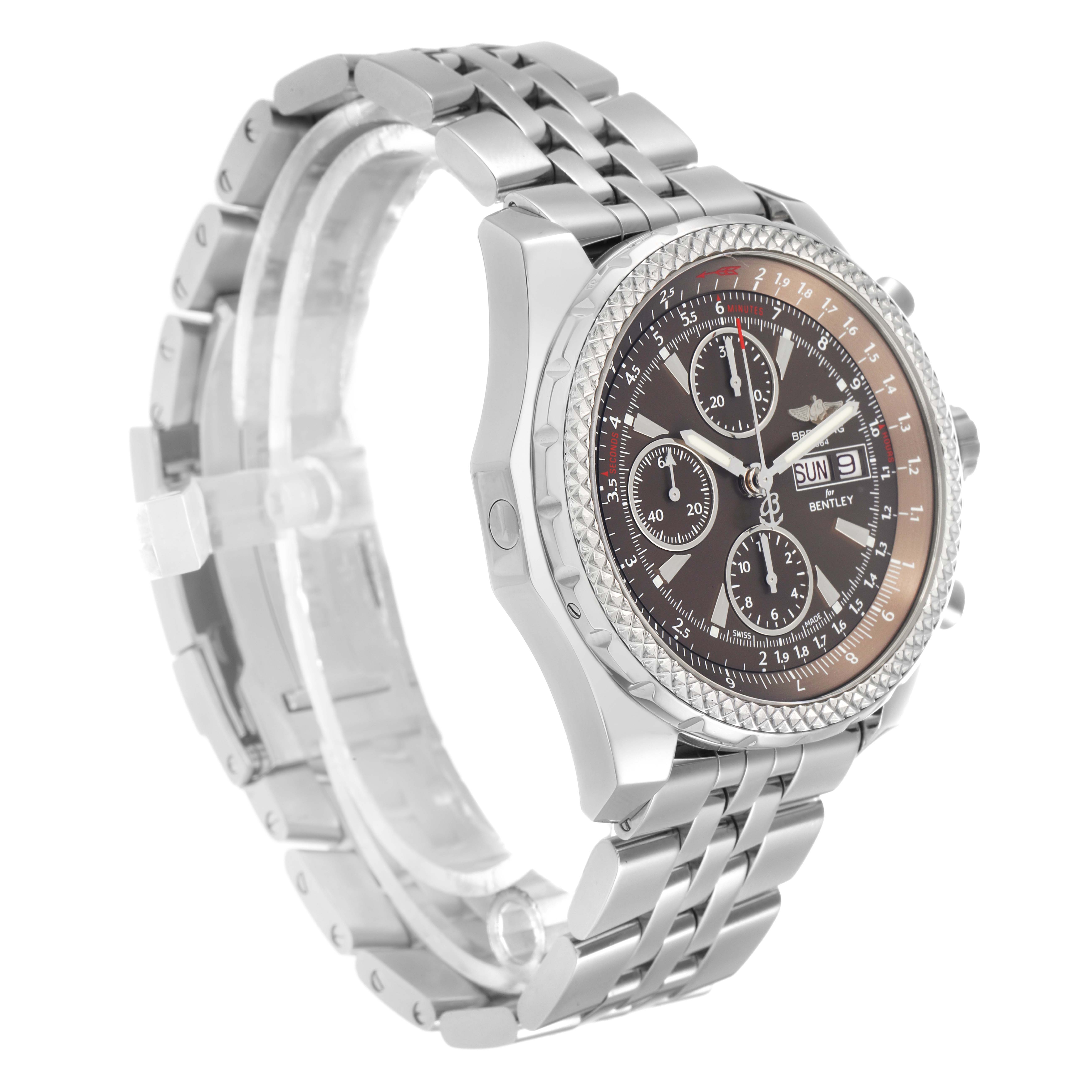 The Breitling Bentley A13362 Men
s Stainless Steel Brown Dial watch is shown at a three-quarter angle, highlighting the dial, bezel, and stainless steel bracelet.