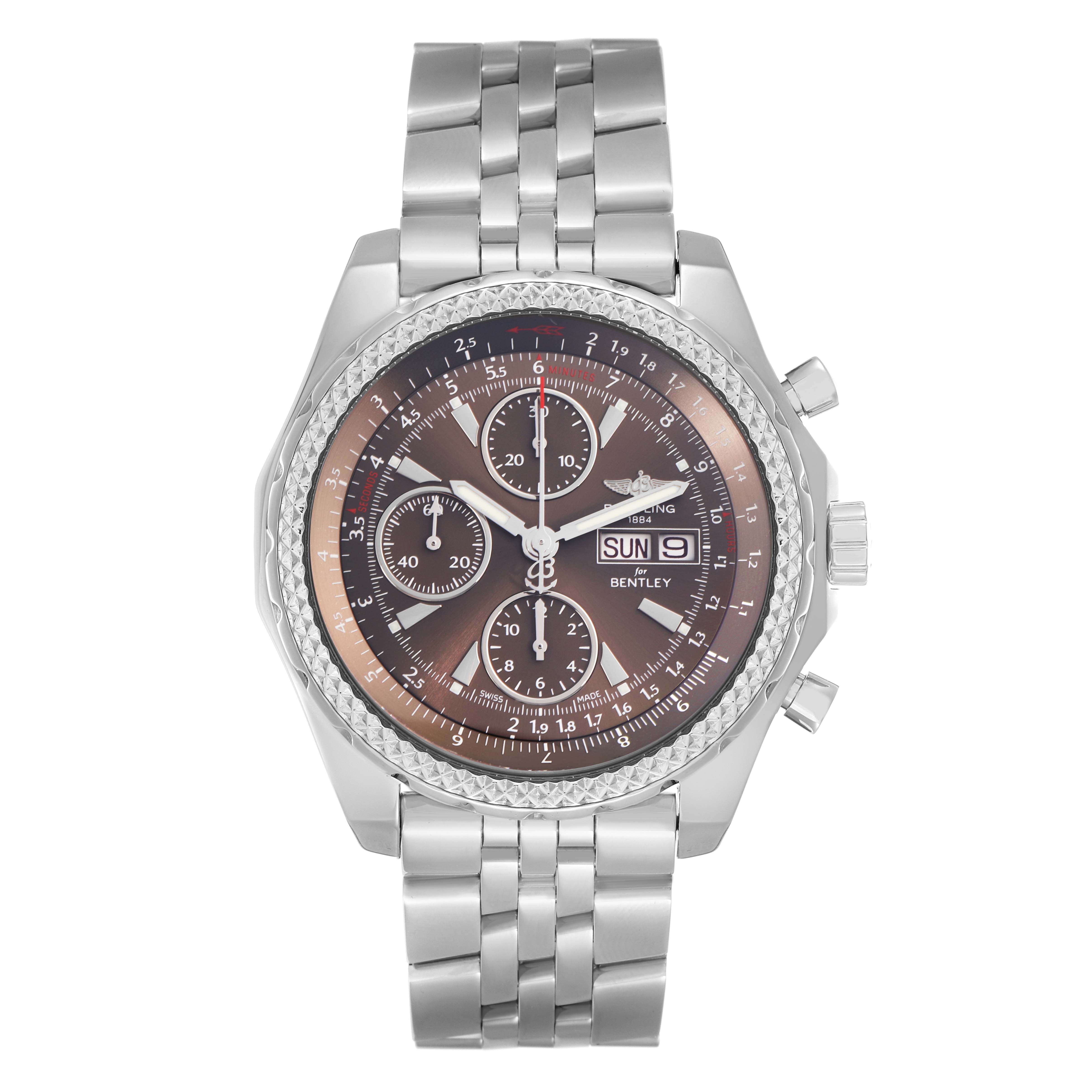 The Breitling Bentley A13362 Men
s Stainless Steel Brown Dial watch is shown from a top-down angle, displaying the face, bezel, and bracelet.
