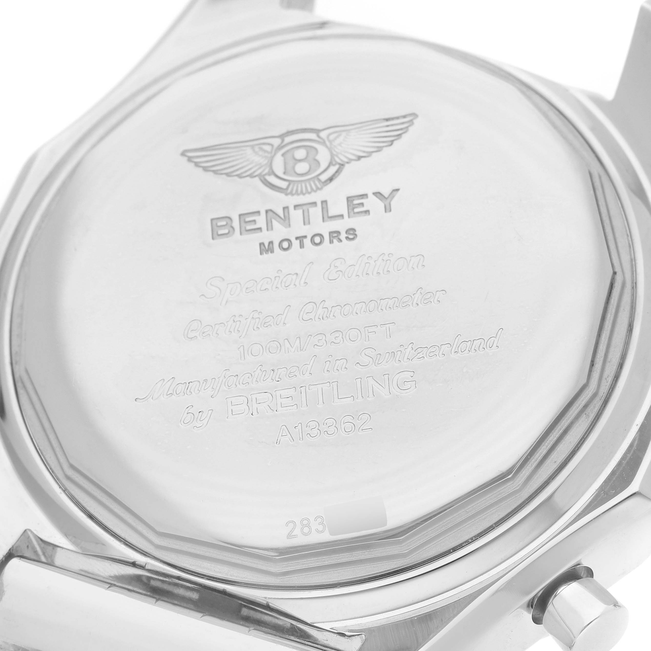 The image shows the back of a Breitling Bentley A13362 Men
s Stainless Steel Brown Dial watch featuring engravings with branding and specifications.