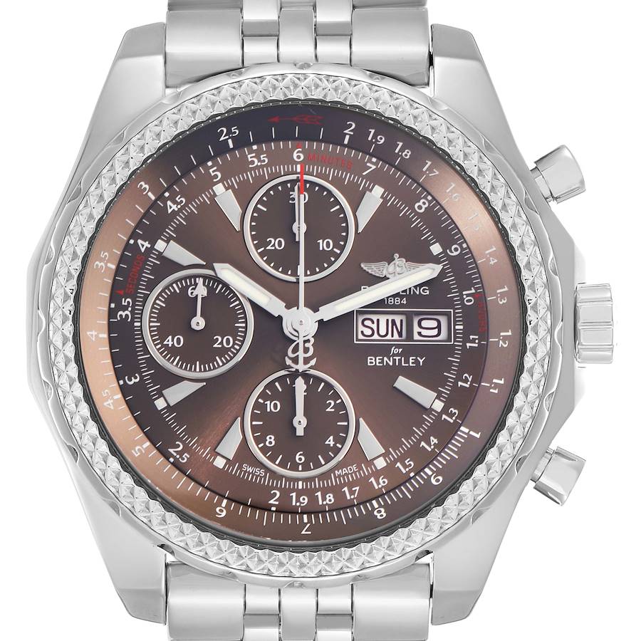 The image shows a front view of the Breitling Bentley model A13362 men's watch, displaying its bezel, dial, subdials, date, day indicators, and stainless steel bracelet.