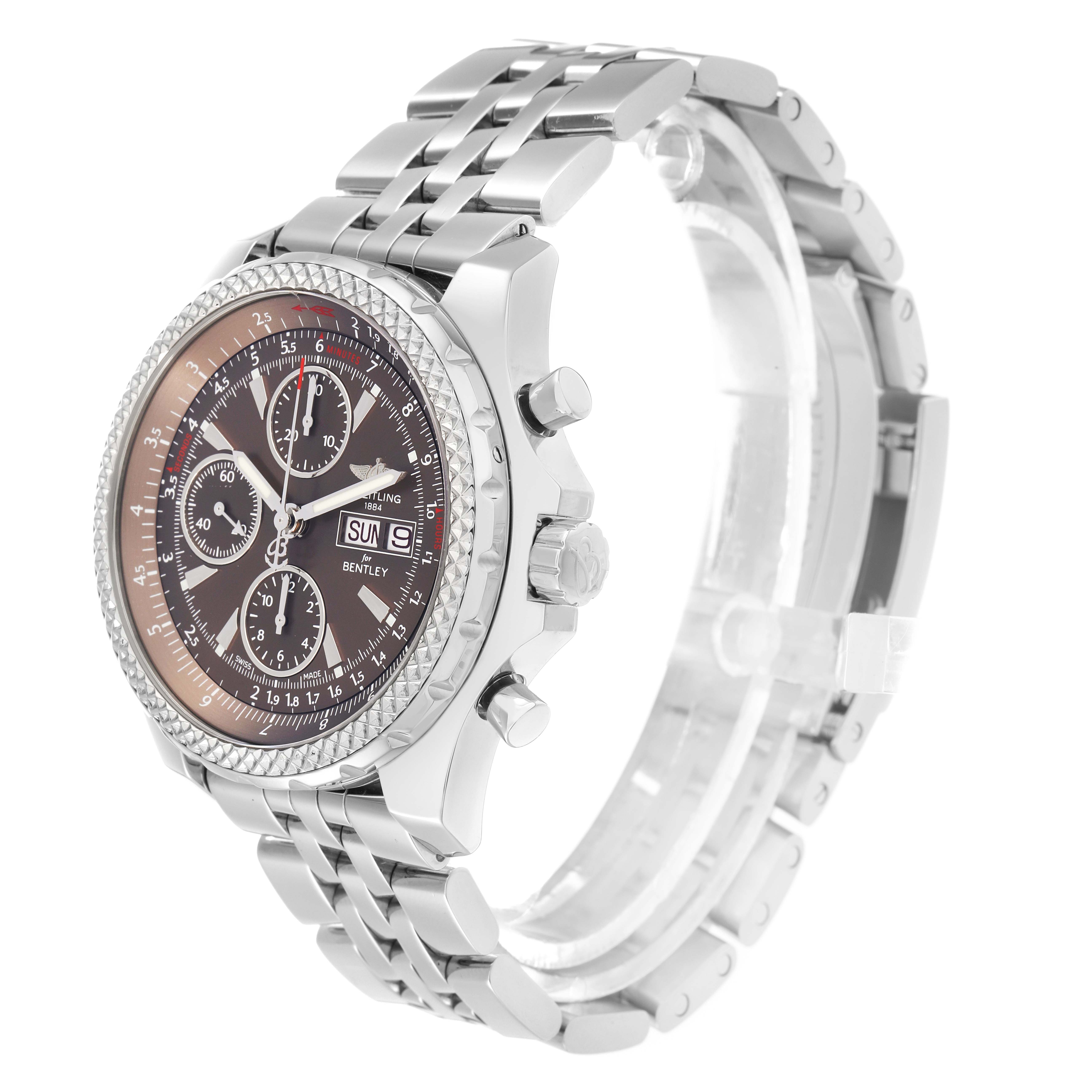 The Breitling Bentley A13362 Men
s Stainless Steel Brown Dial watch is shown at a three-quarter angle, highlighting the dial, bezel, crown, pushers, and part of the bracelet.