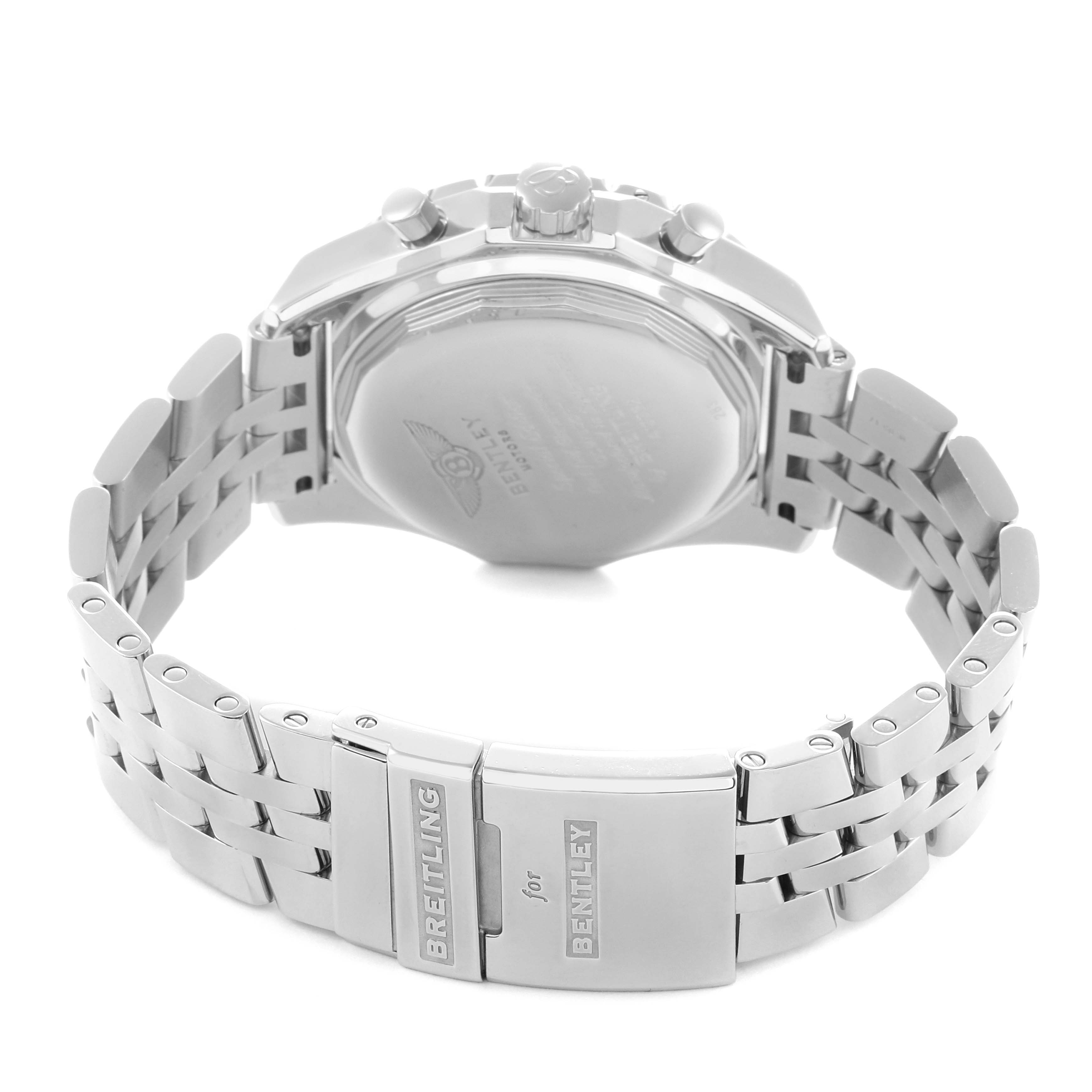 The image shows the back and sides of a Breitling Bentley A13362 Men
s Stainless Steel Brown Dial watch, focusing on the clasp, bracelet, and back case.