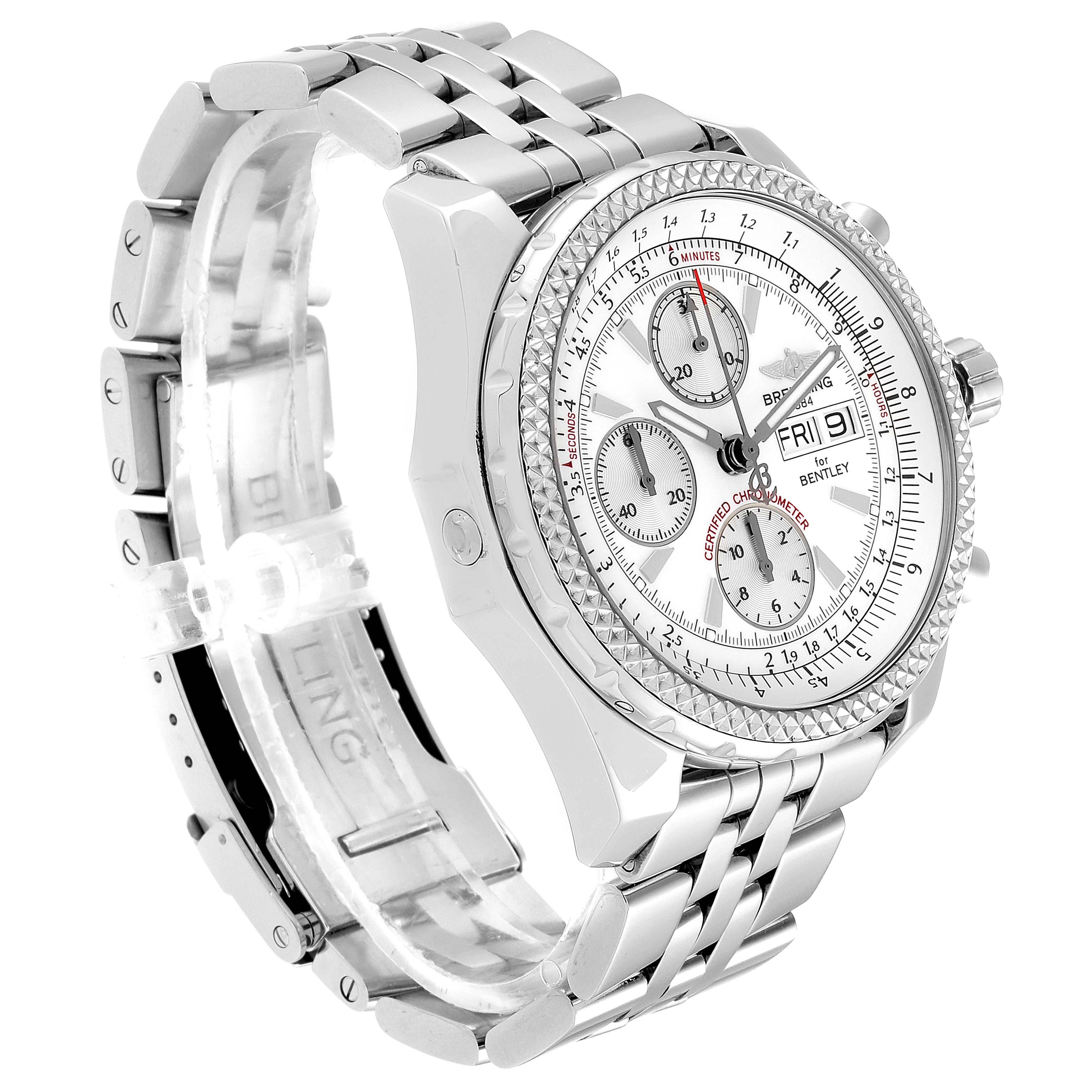 The image shows a side angle of a Breitling Bentley A13362 Men's Stainless Steel Silver Dial A13362 Men's Stainless Steel Silver Dial watch, featuring its stainless steel band, bezel, and face with chronograph dials.