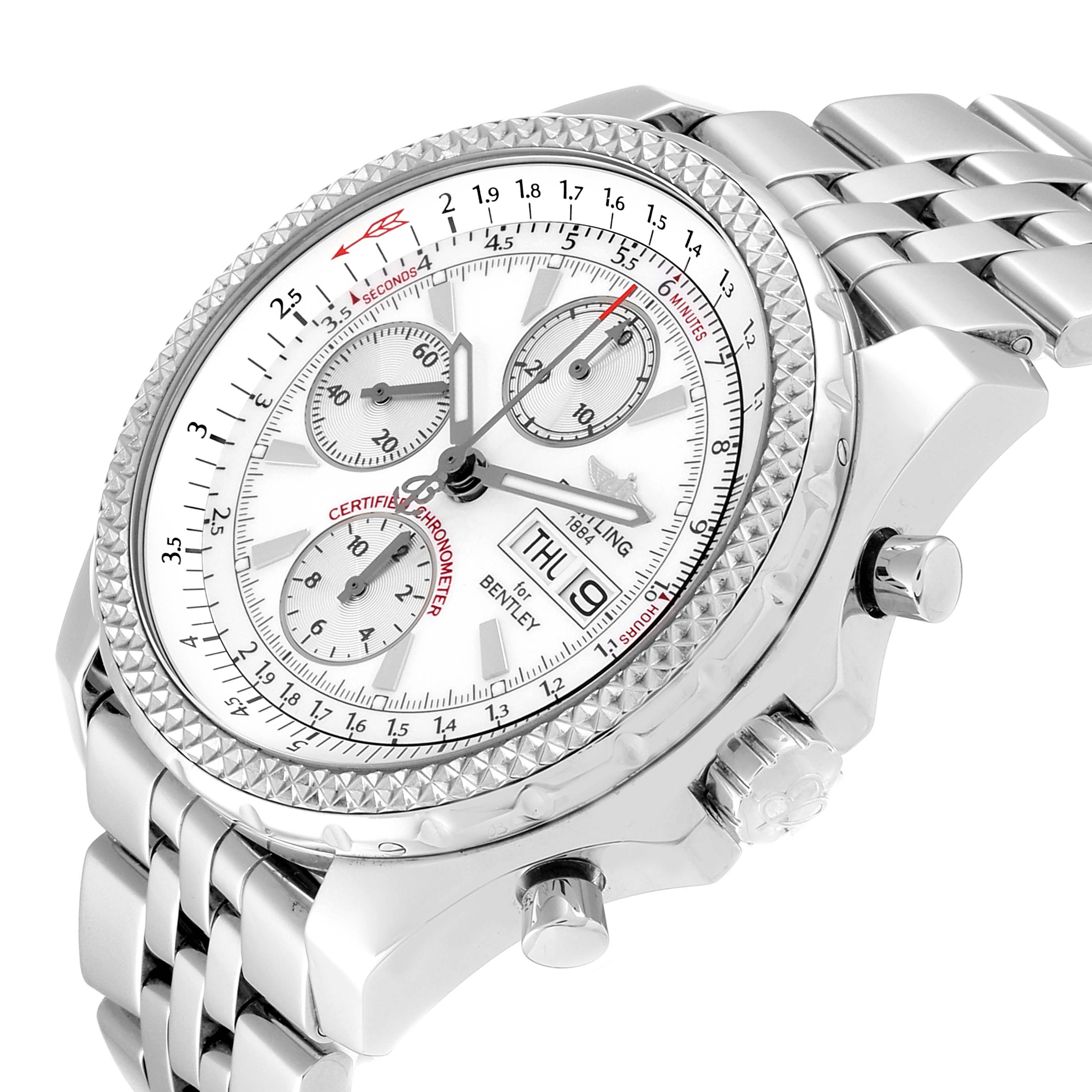 This image shows a Breitling Bentley A13362 Men's Stainless Steel Silver Dial A13362 Men's Stainless Steel Silver Dial watch at an oblique angle highlighting the face, bezel, chronograph dials, and part of the bracelet.