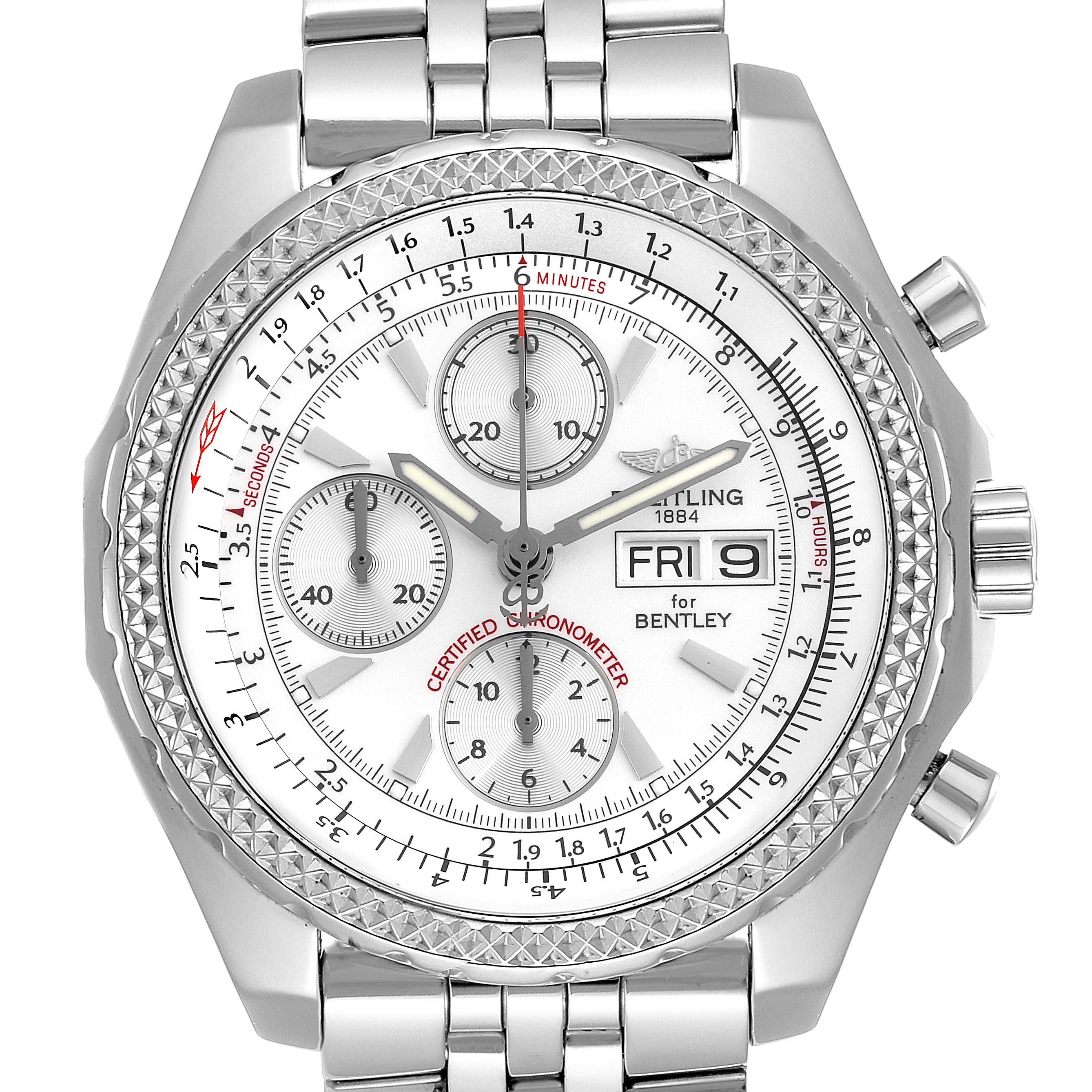This is a front view of a Breitling Bentley A13362 Men's Stainless Steel Silver Dial A13362 Men's Stainless Steel Silver Dial model watch, showing the dial, chronograph subdials, and part of the bracelet.