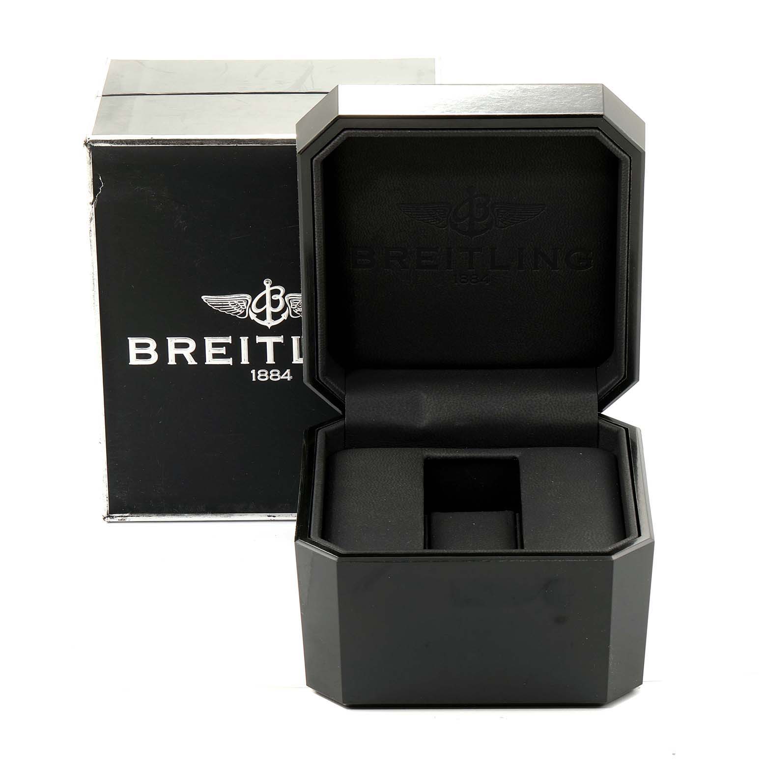 The image shows an open Bentley model Breitling watch box with the open lid and interior cushion visible.