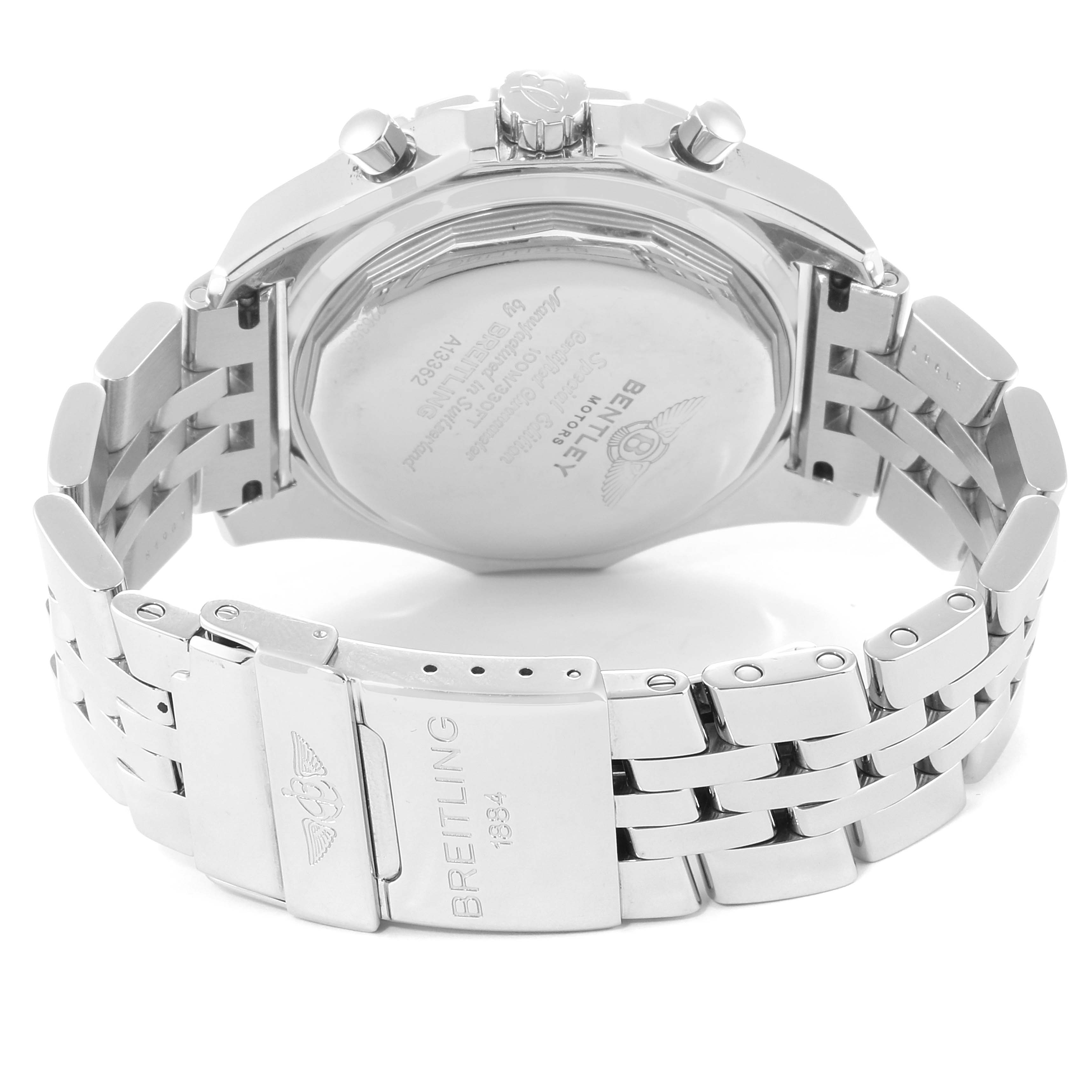 The image shows the back case and bracelet clasp of the Breitling Bentley A13362 Men's Stainless Steel Silver Dial A13362 Men's Stainless Steel Silver Dial watch model.