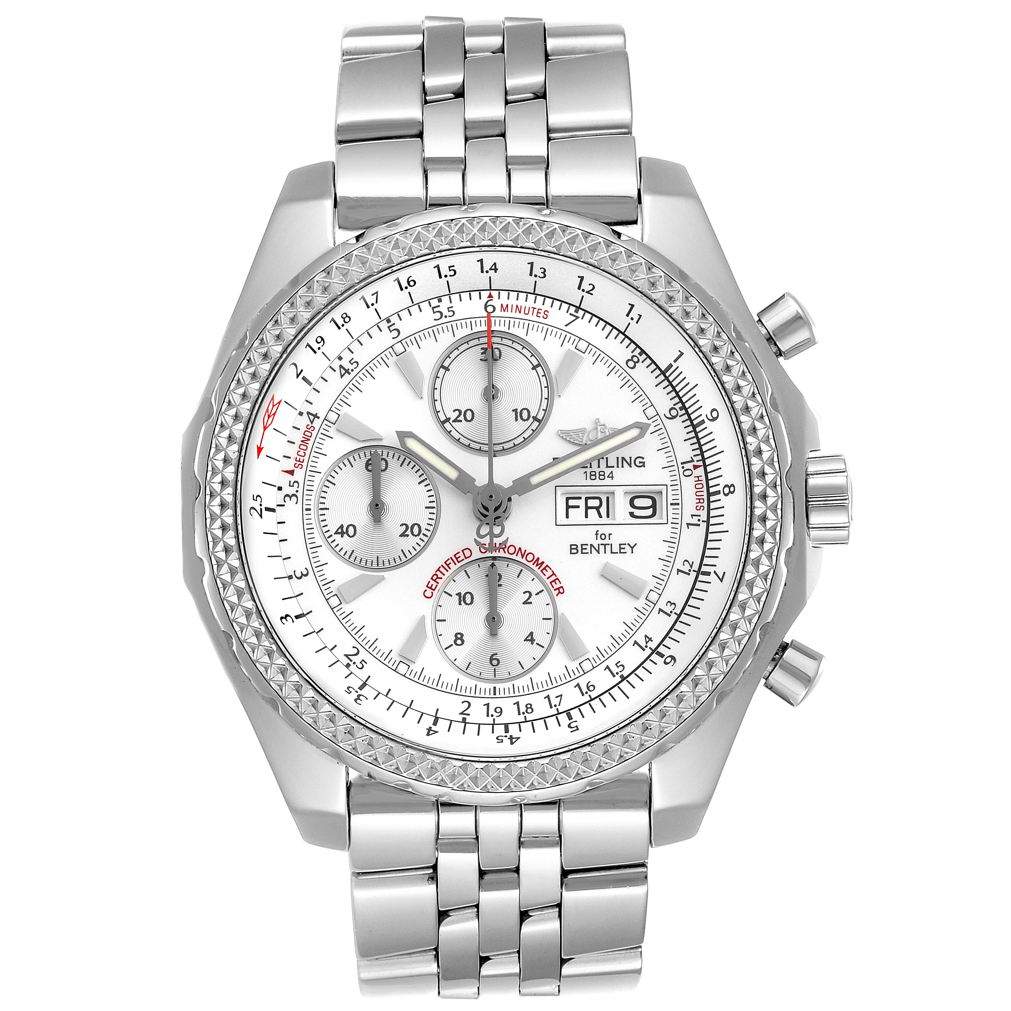 The image shows a front view of the Breitling Bentley A13362 Men's Stainless Steel Silver Dial A13362 Men's Stainless Steel Silver Dial watch, highlighting its face, bezel, and metal bracelet.