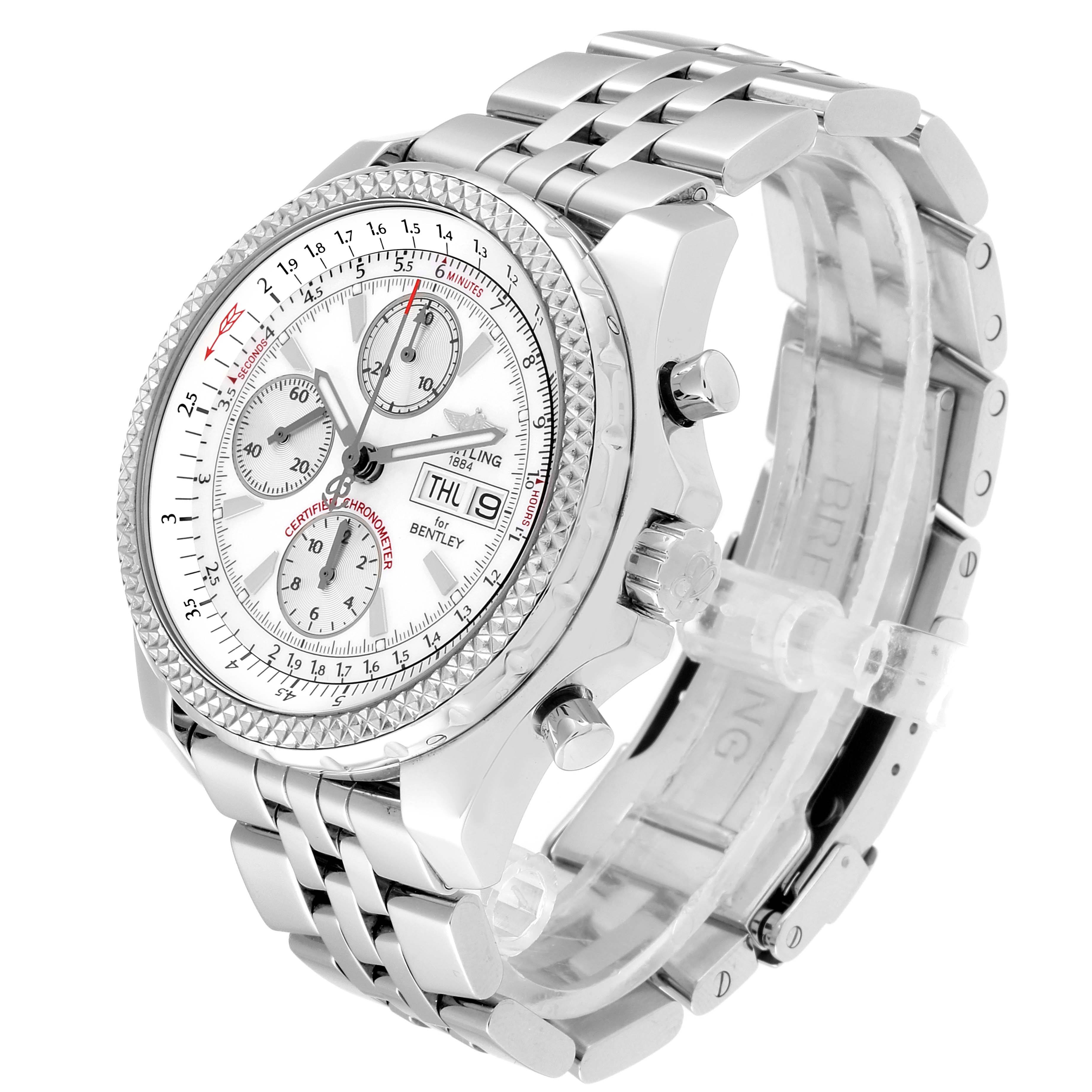 The Breitling Bentley A13362 Men's Stainless Steel Silver Dial A13362 Men's Stainless Steel Silver Dial watch is shown at an angle highlighting the dial, bezel, and metal bracelet.