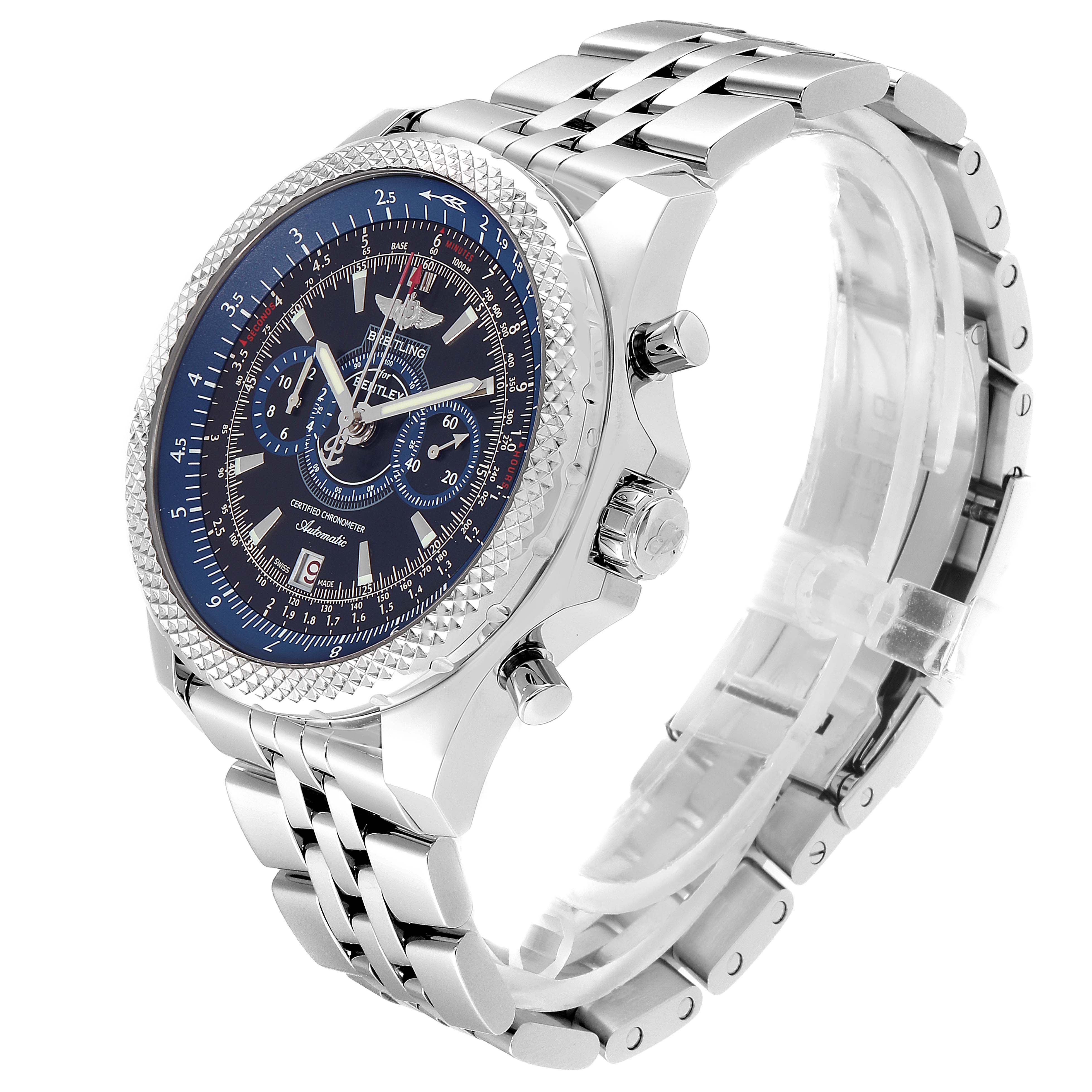 The image shows a side-angle view of the Bentley model by Breitling, displaying the watch face, bezel, crown, chronograph pushers, and bracelet.