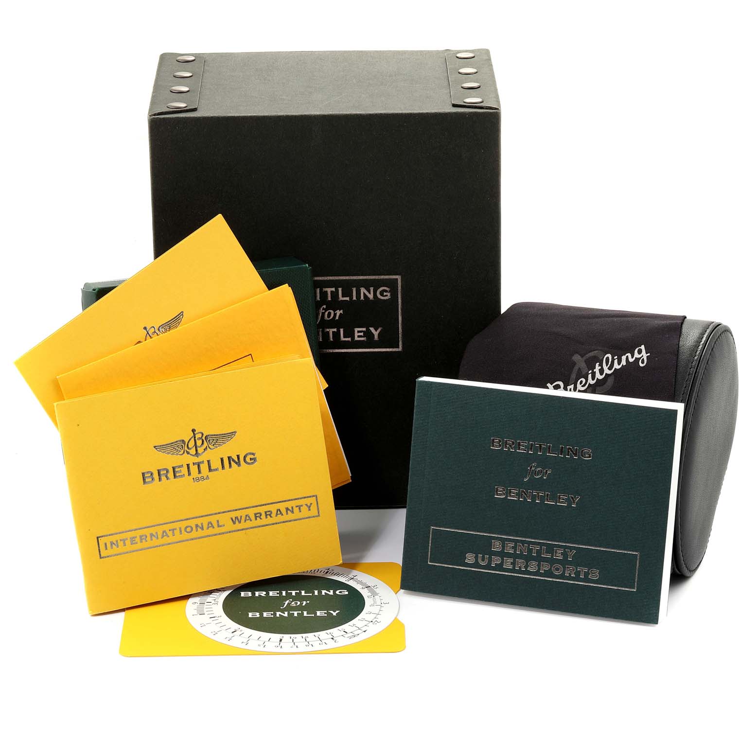 This image shows the packaging and accessories, including booklets and a case, for the Breitling Bentley A2636416/BB66-990A Men's Stainless Steel Black Dial A2636416/BB66-990A Men's Stainless Steel Black Dial watch.