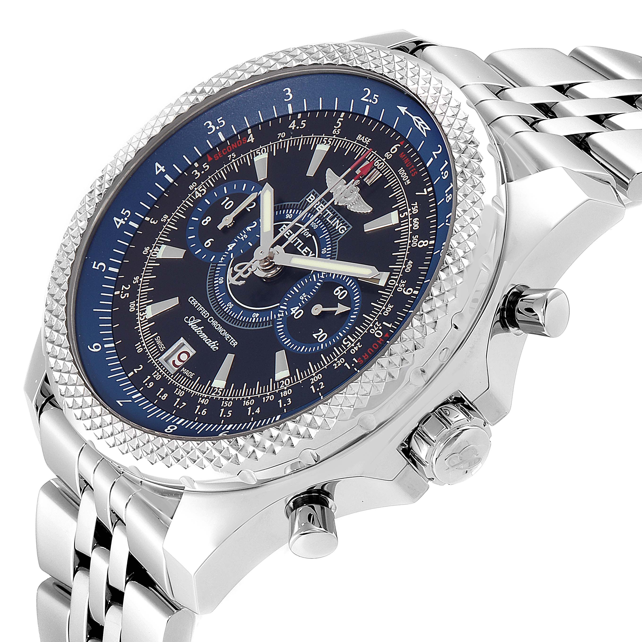 The image shows a side angle of the Breitling Bentley A2636416/BB66-990A Men's Stainless Steel Black Dial A2636416/BB66-990A Men's Stainless Steel Black Dial watch, highlighting its blue dial, silver bezel, pushers, and metal bracelet.