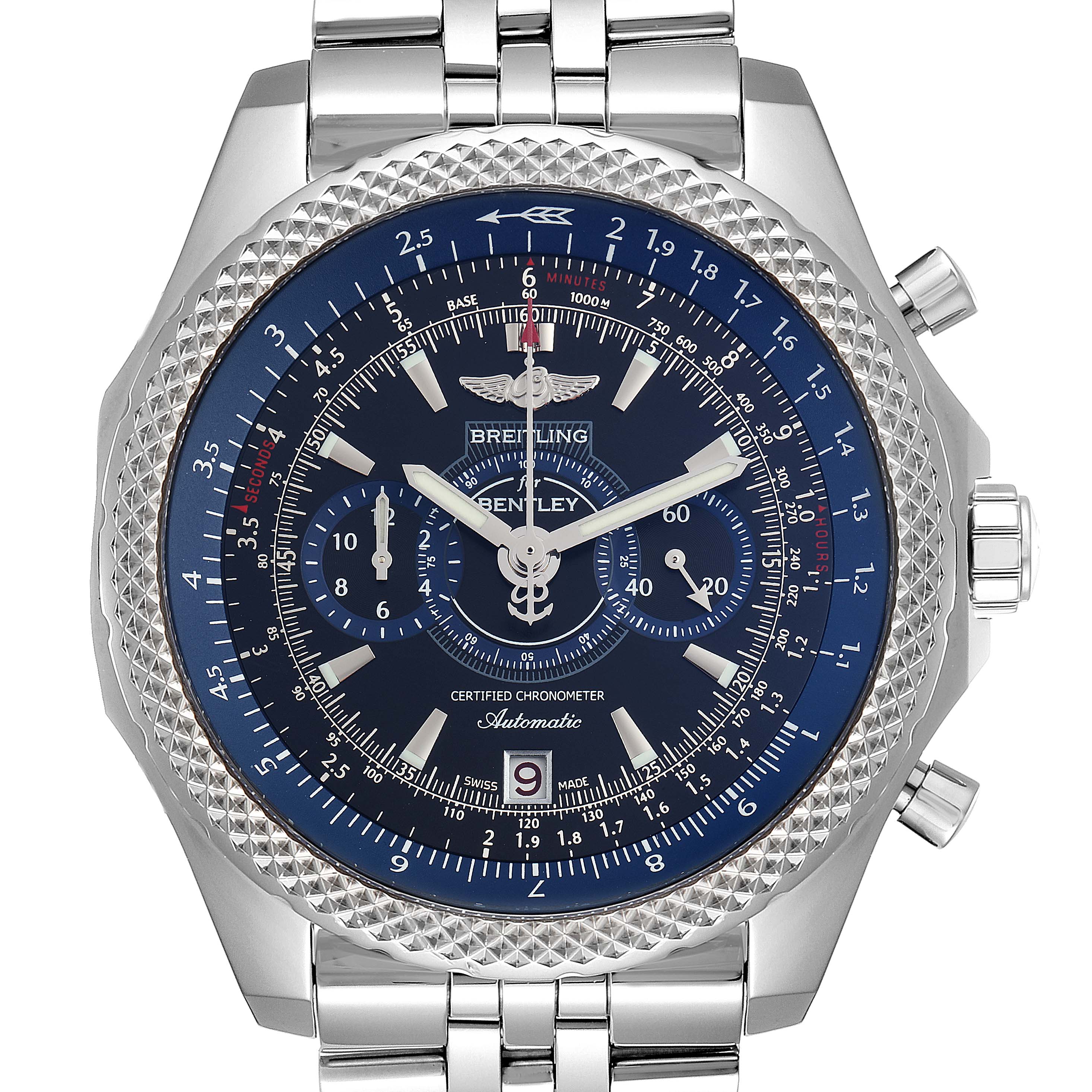 The image shows a close-up frontal view of a Breitling Bentley A2636416/BB66-990A Men's Stainless Steel Black Dial A2636416/BB66-990A Men's Stainless Steel Black Dial watch, featuring its dial, bezel, and part of the bracelet.