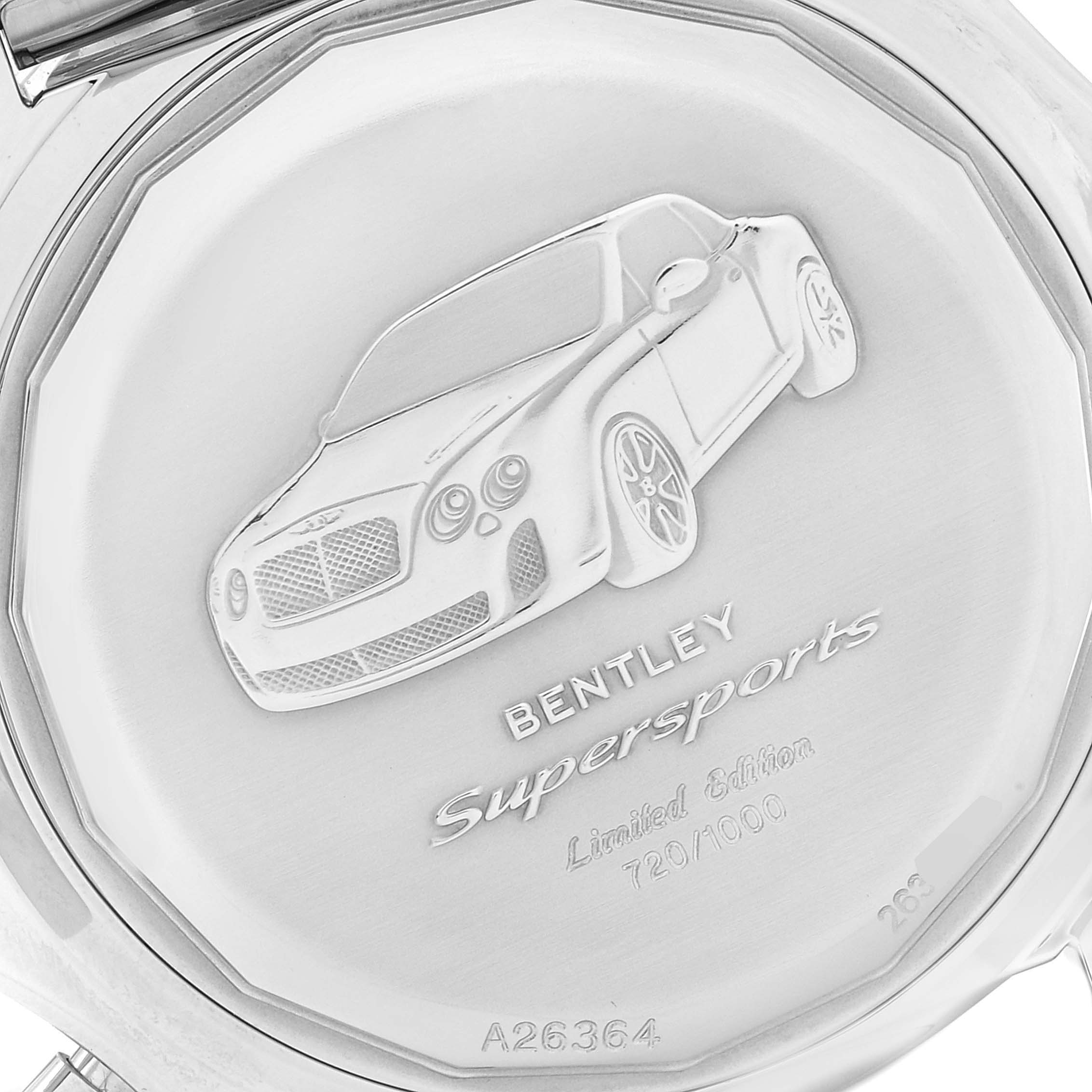 The image shows the back case of a Breitling Bentley A2636416/BB66-990A Men's Stainless Steel Black Dial A2636416/BB66-990A Men's Stainless Steel Black Dial model watch, featuring a car engraving and limited edition details.