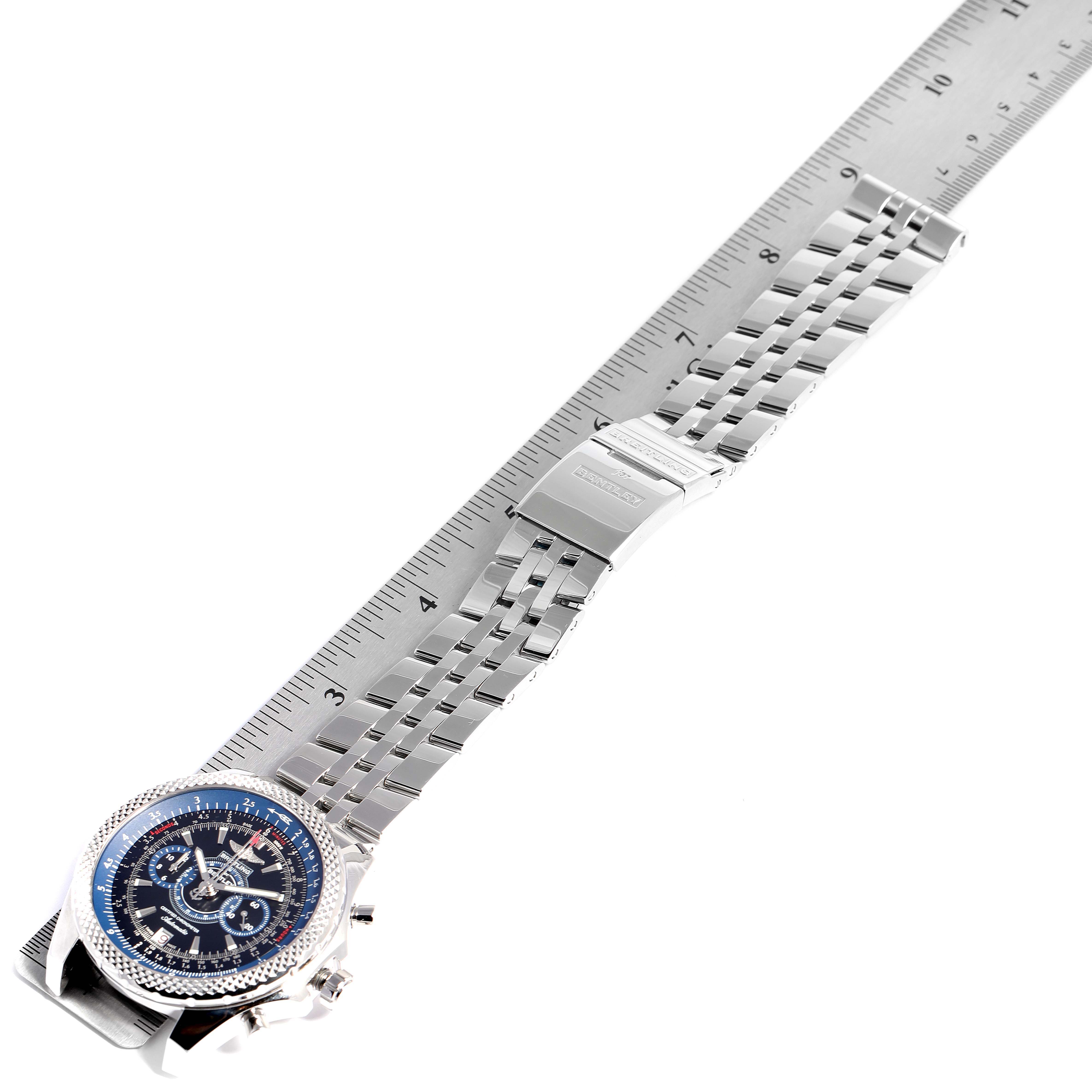 The image shows a top-down view of the Bentley model watch by Breitling, displaying the dial, bracelet, and clasp.
