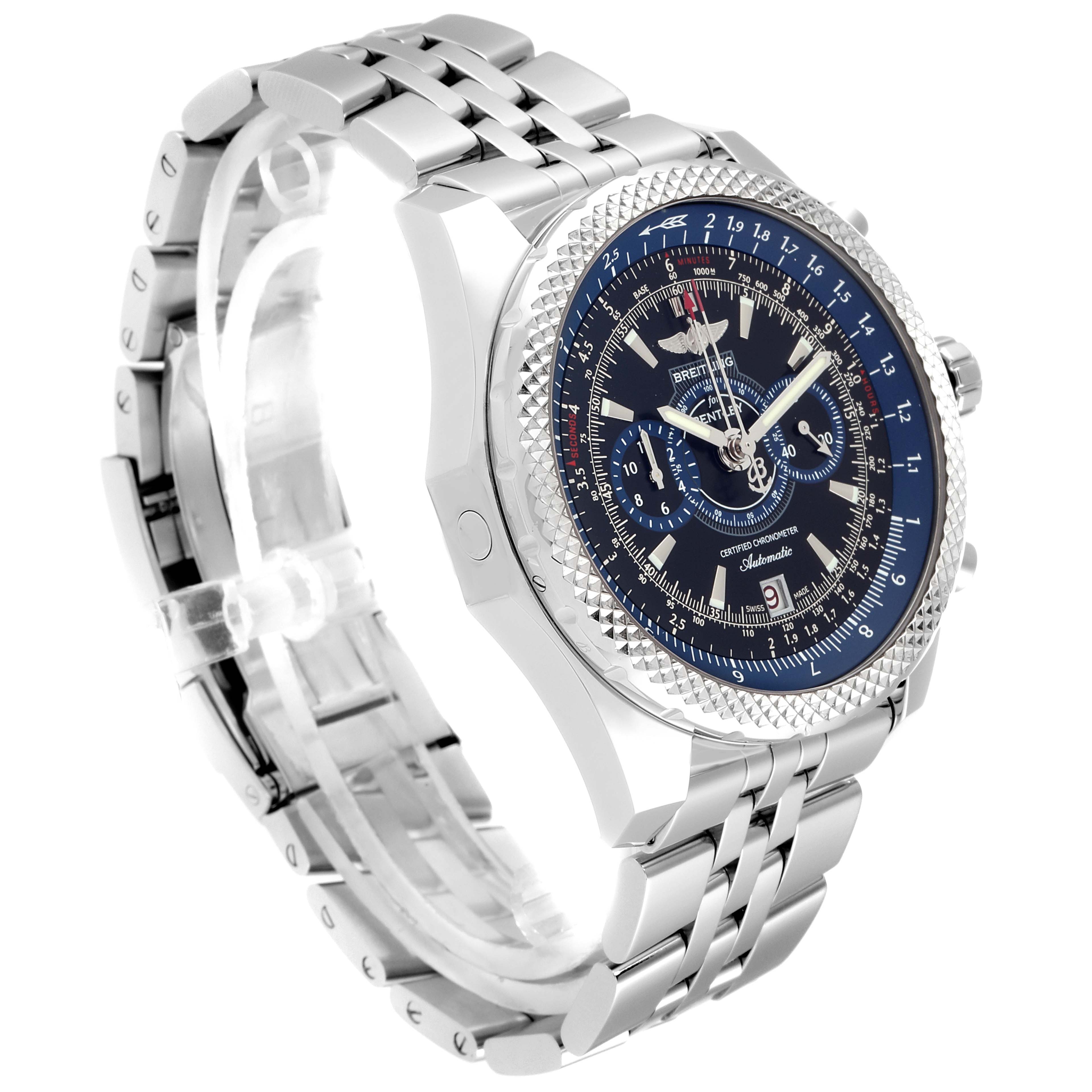 The image shows a tilted side view of a Breitling Bentley A2636416/BB66-990A Men's Stainless Steel Black Dial A2636416/BB66-990A Men's Stainless Steel Black Dial model watch, displaying its blue dial, bezel, and metal bracelet.