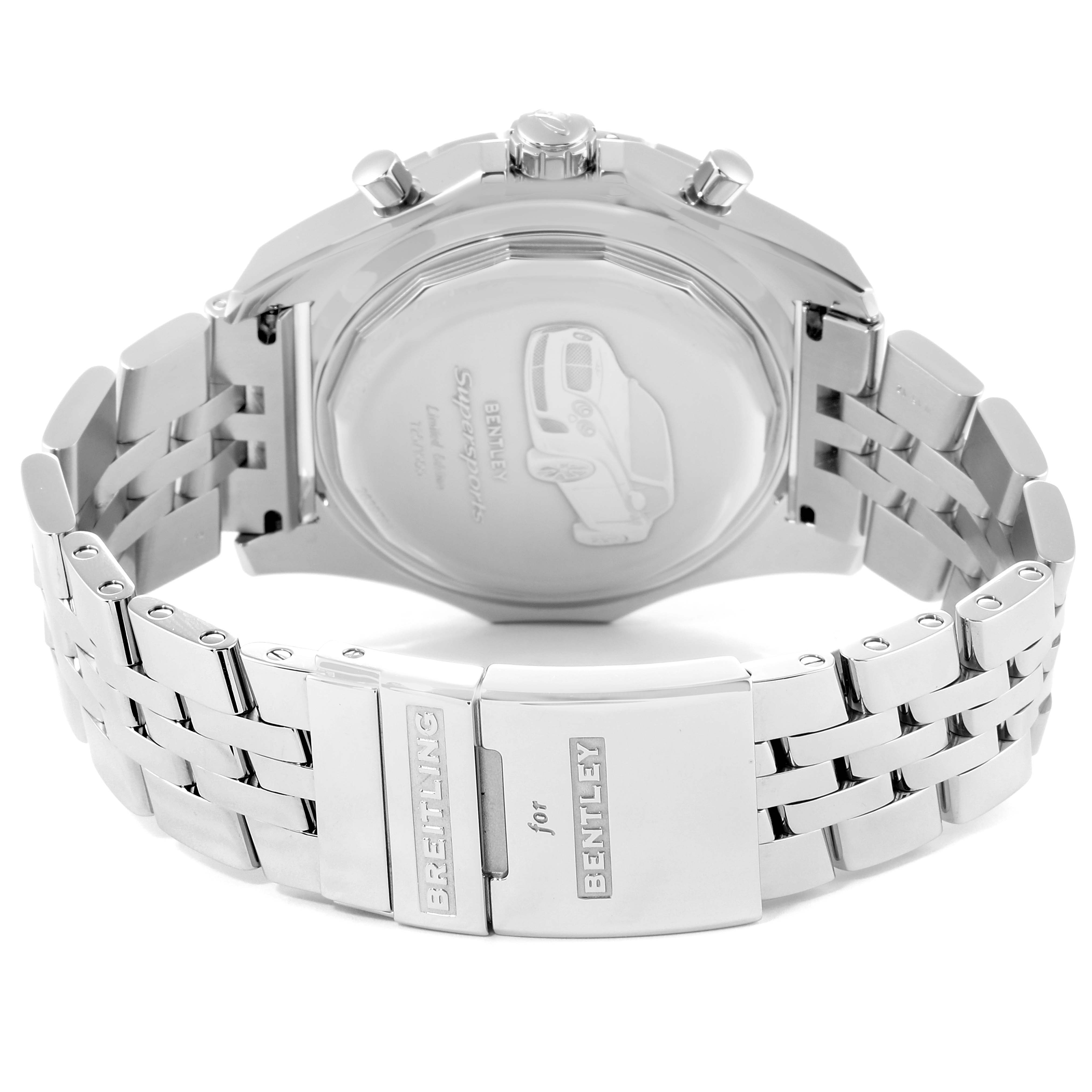 The image shows the back view of a Breitling Bentley A2636416/BB66-990A Men's Stainless Steel Black Dial A2636416/BB66-990A Men's Stainless Steel Black Dial model watch, featuring the bracelet and clasp with branding engravings.