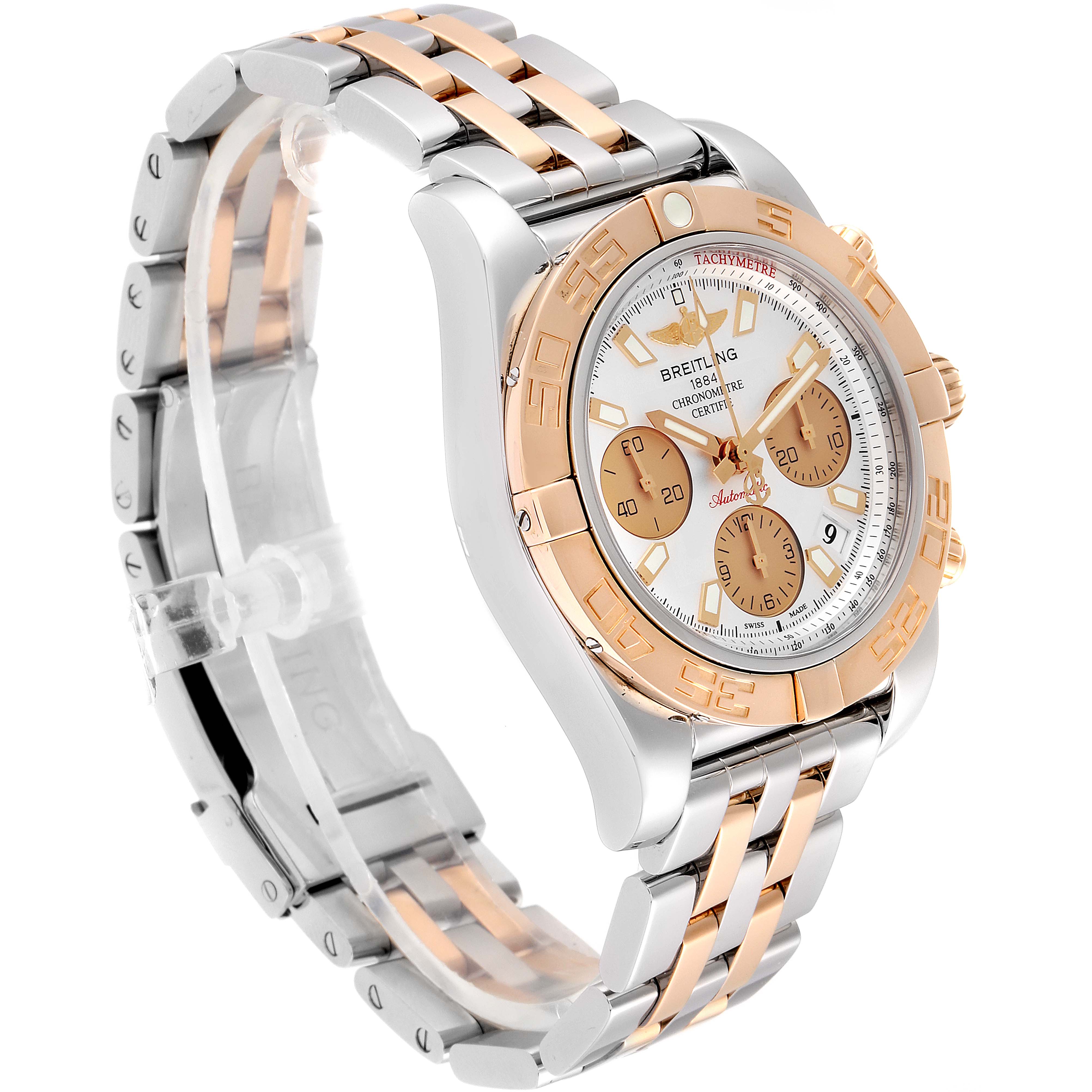 This image shows a Breitling Chronomat CB0140Y2/A743-378C Men's Steel and Gold (two tone) Silver Dial CB0140Y2/A743-378C Men's Steel and Gold (two tone) Silver Dial watch from a right front angle, highlighting its dial, bezel, and two-tone bracelet.