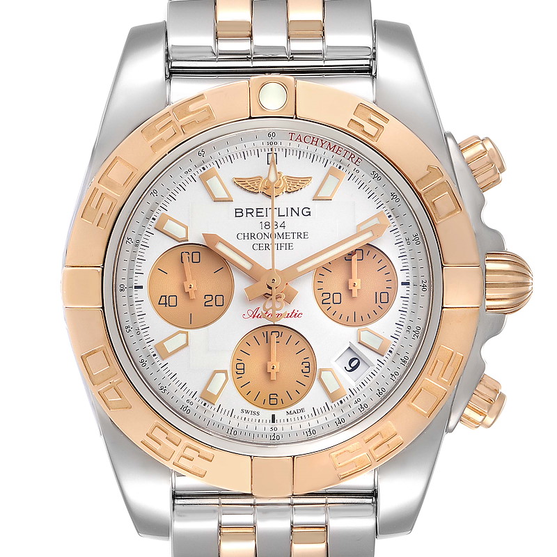 Breitling Chronomat 41 Steel Rose Gold Silver Dial Watch CB0140 Box Papers SwissWatchExpo