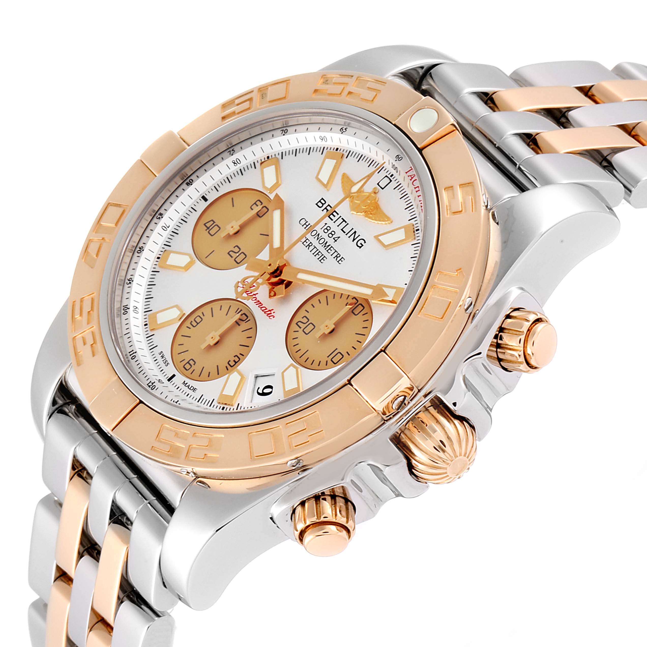 The Breitling Chronomat CB0140Y2/A743-378C Men's Steel and Gold (two tone) Silver Dial CB0140Y2/A743-378C Men's Steel and Gold (two tone) Silver Dial watch is shown at an oblique angle displaying its dial, subdials, bezel, pushers, and bracelet.
