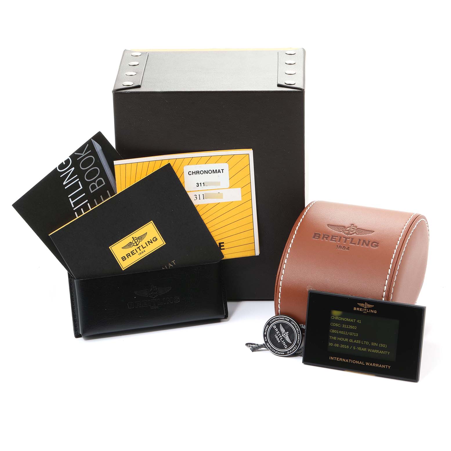 The image shows accessories for a Breitling Chronomat CB0140Y2/A743-378C Men's Steel and Gold (two tone) Silver Dial CB0140Y2/A743-378C Men's Steel and Gold (two tone) Silver Dial, including packaging, warranty card, manuals, and a watch case.