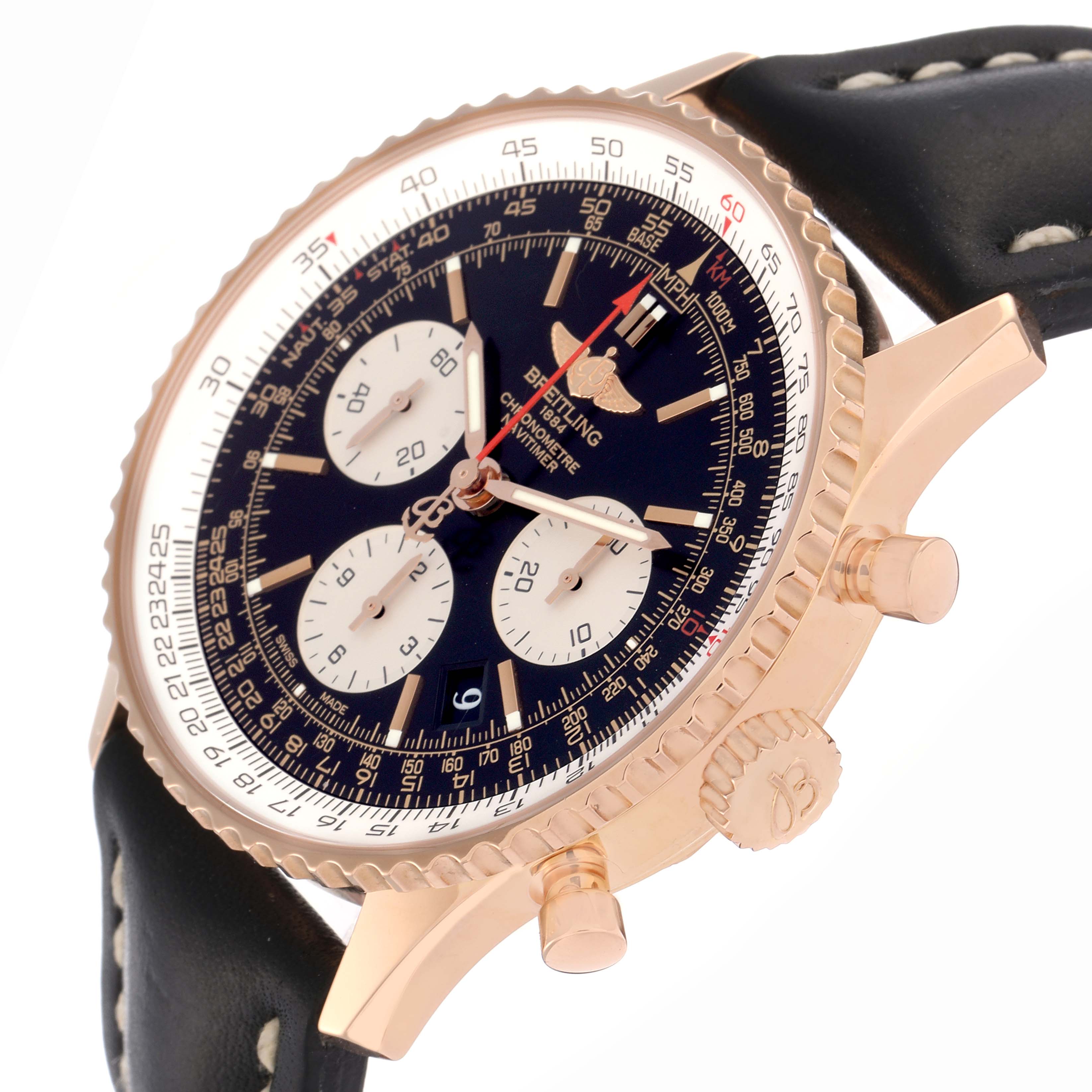 The Breitling Navitimer RB0120 Men
s Rose Gold Black Dial watch is shown at an angled side view, highlighting the dial, bezel, crown, and pushers.