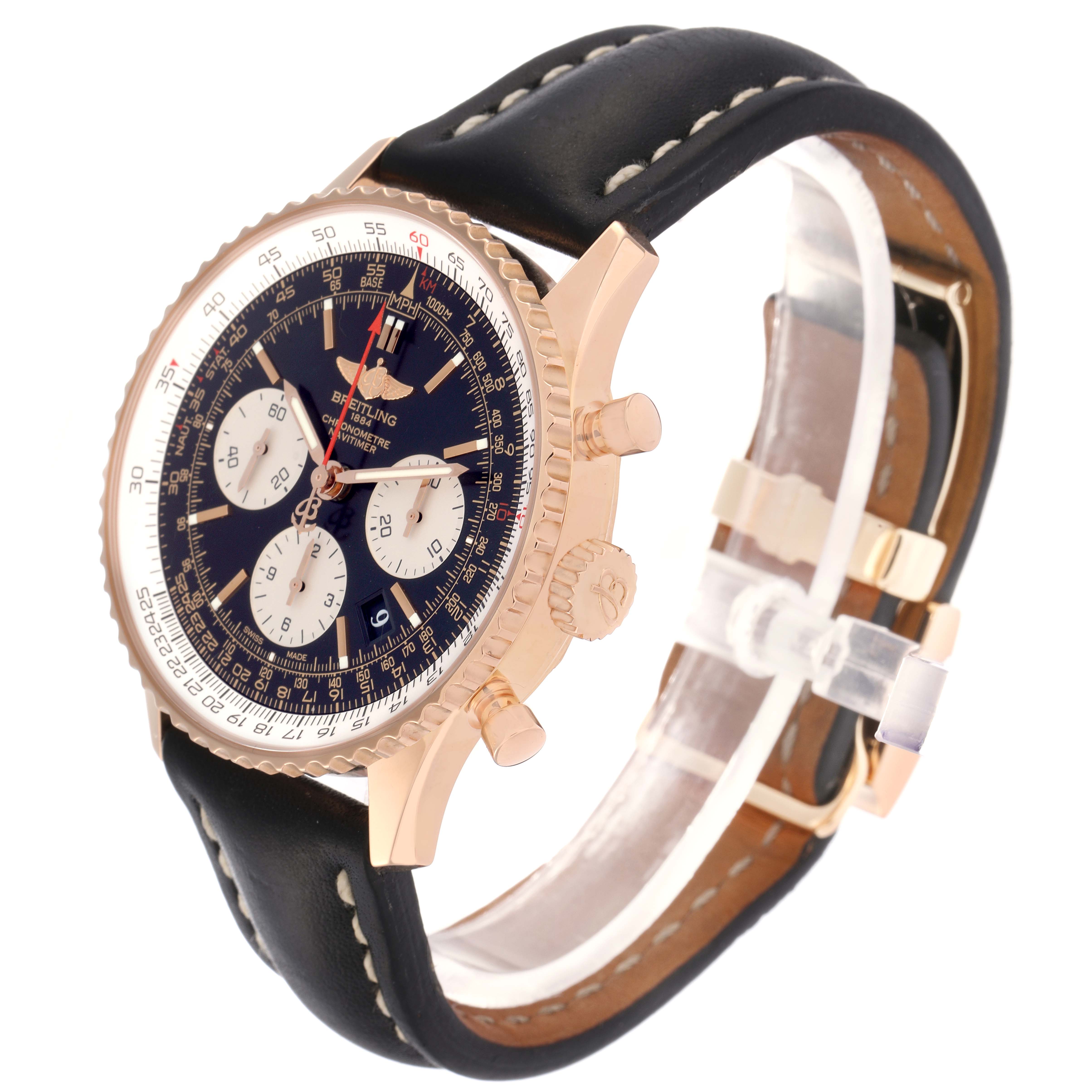 The Breitling Navitimer RB0120 Men
s Rose Gold Black Dial watch is shown at a slight angle, highlighting the face, bezel, crown, pushers, and strap.