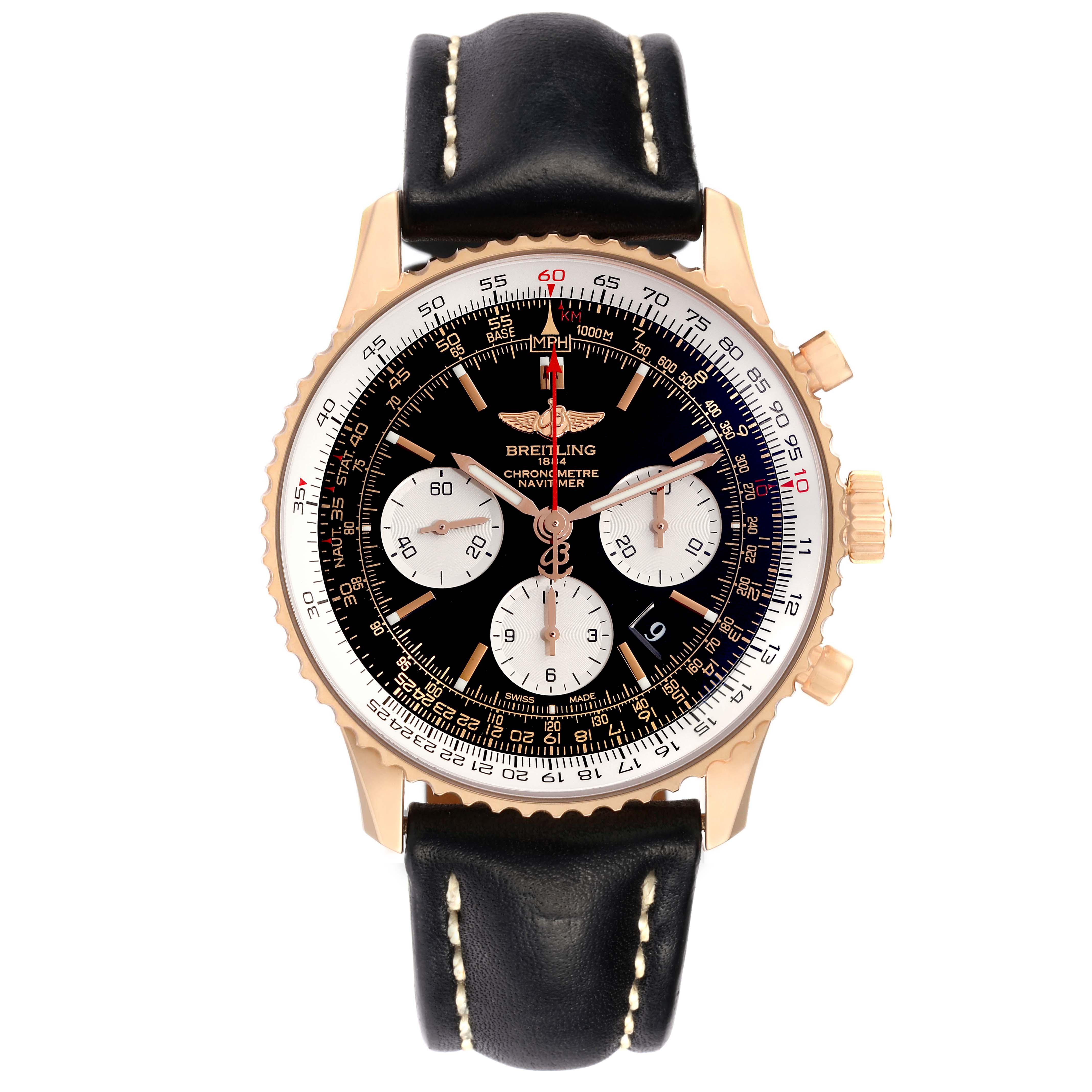 The image shows a Breitling Navitimer RB0120 Men
s Rose Gold Black Dial watch from a front angle, displaying its face, bezel, and strap.