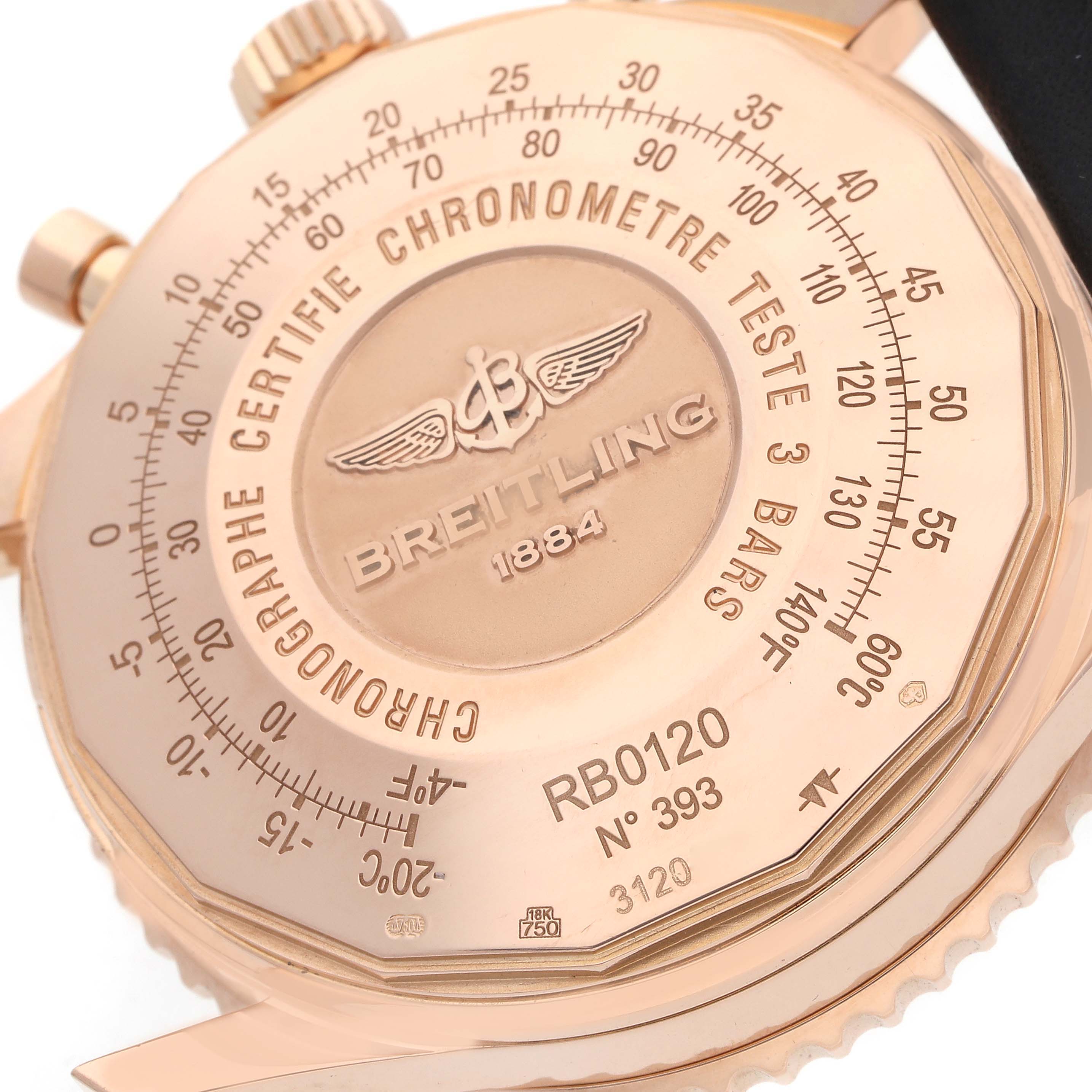 The image shows the reverse side of the Breitling Navitimer RB0120 Men
s Rose Gold Black Dial watch, highlighting engravings and markings.