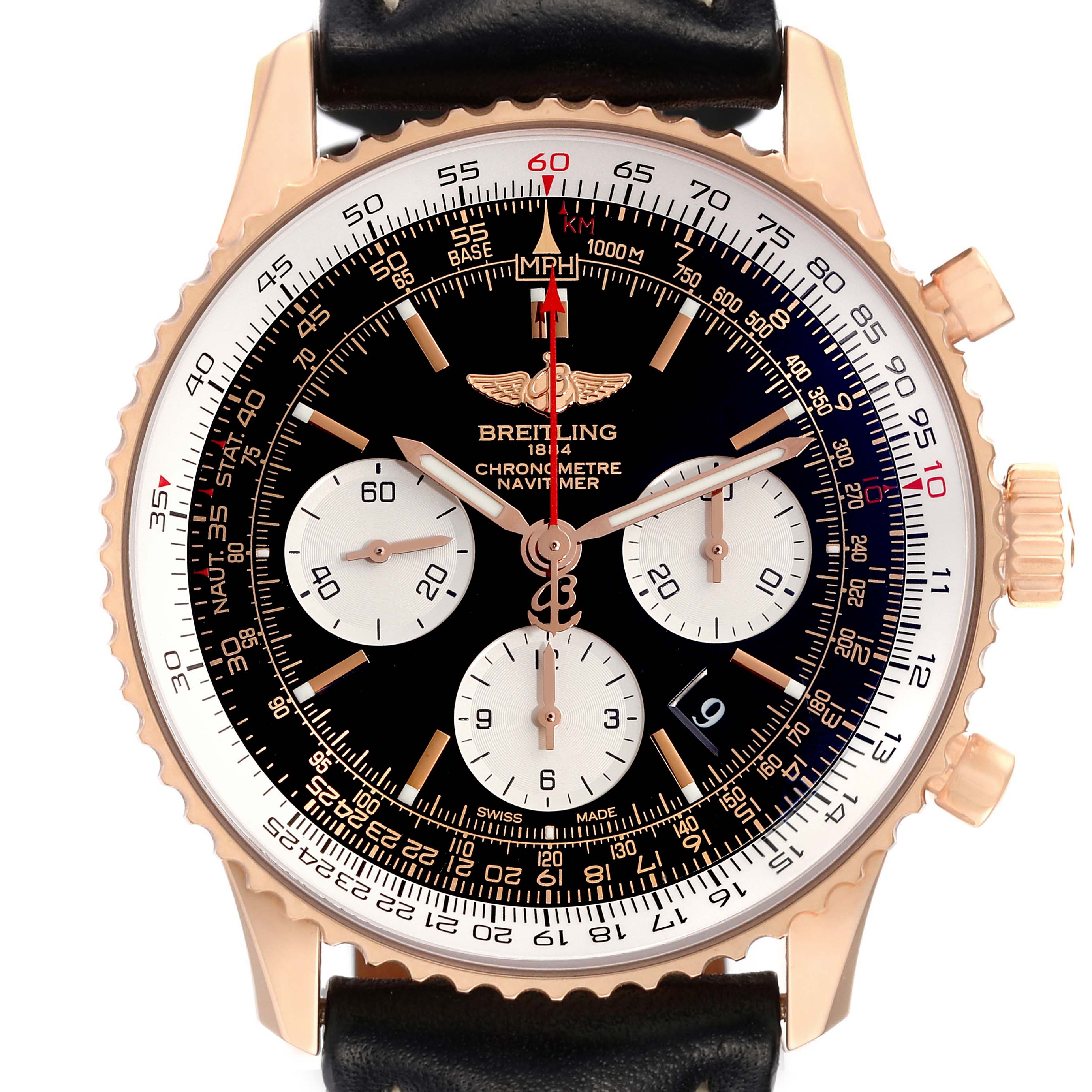 The Breitling Navitimer RB0120 Men
s Rose Gold Black Dial watch is shown from a top-down angle, displaying its dial, bezel, and crown.